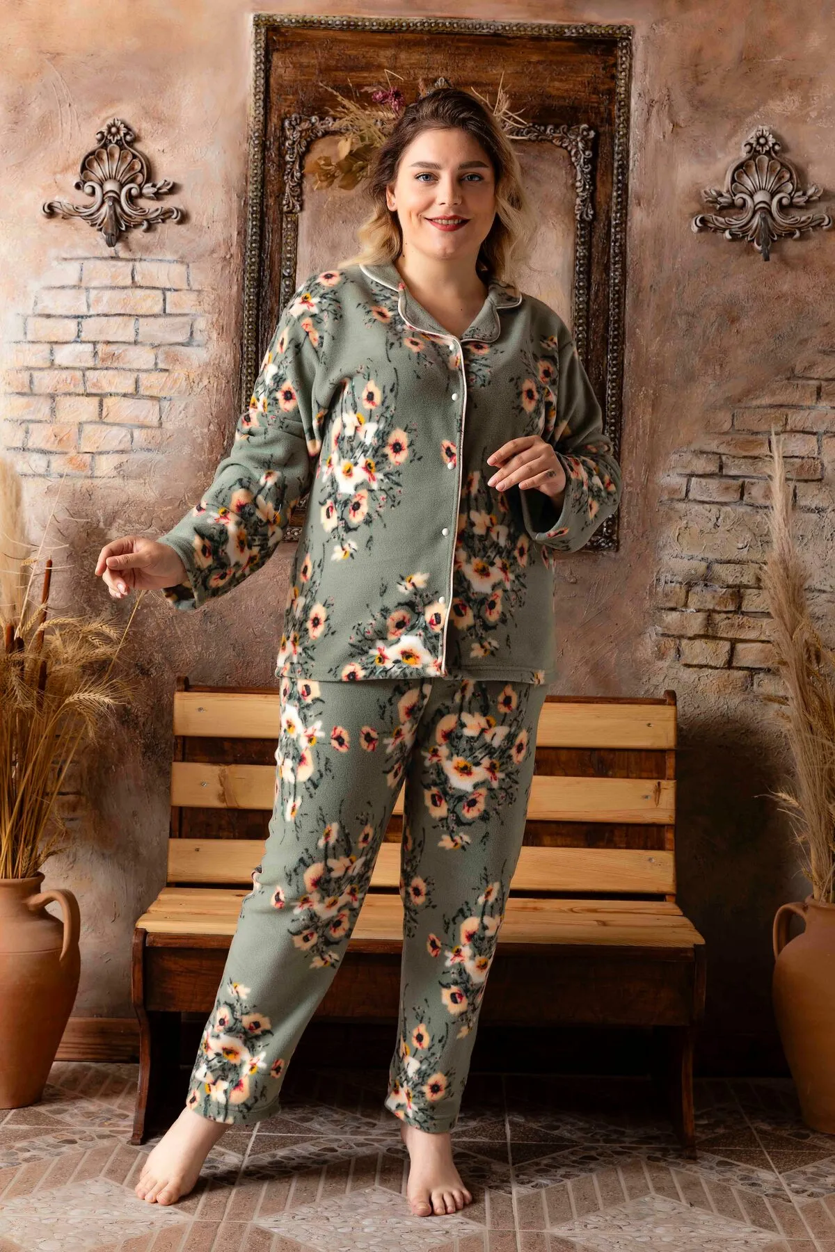 Kadın Battal Büyük Beden Önden Düğmeli Uzun Kollu Polar Pijama Takımı HAKİ-2XL