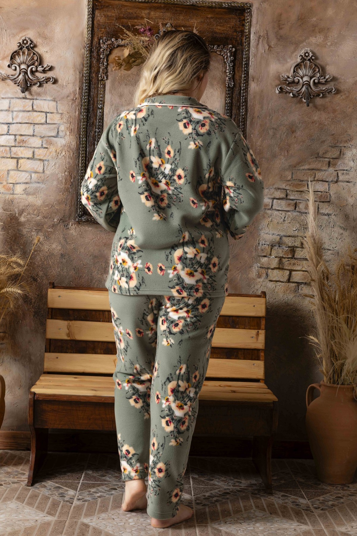 Kadın Battal Büyük Beden Önden Düğmeli Uzun Kollu Polar Pijama Takımı HAKİ-XL