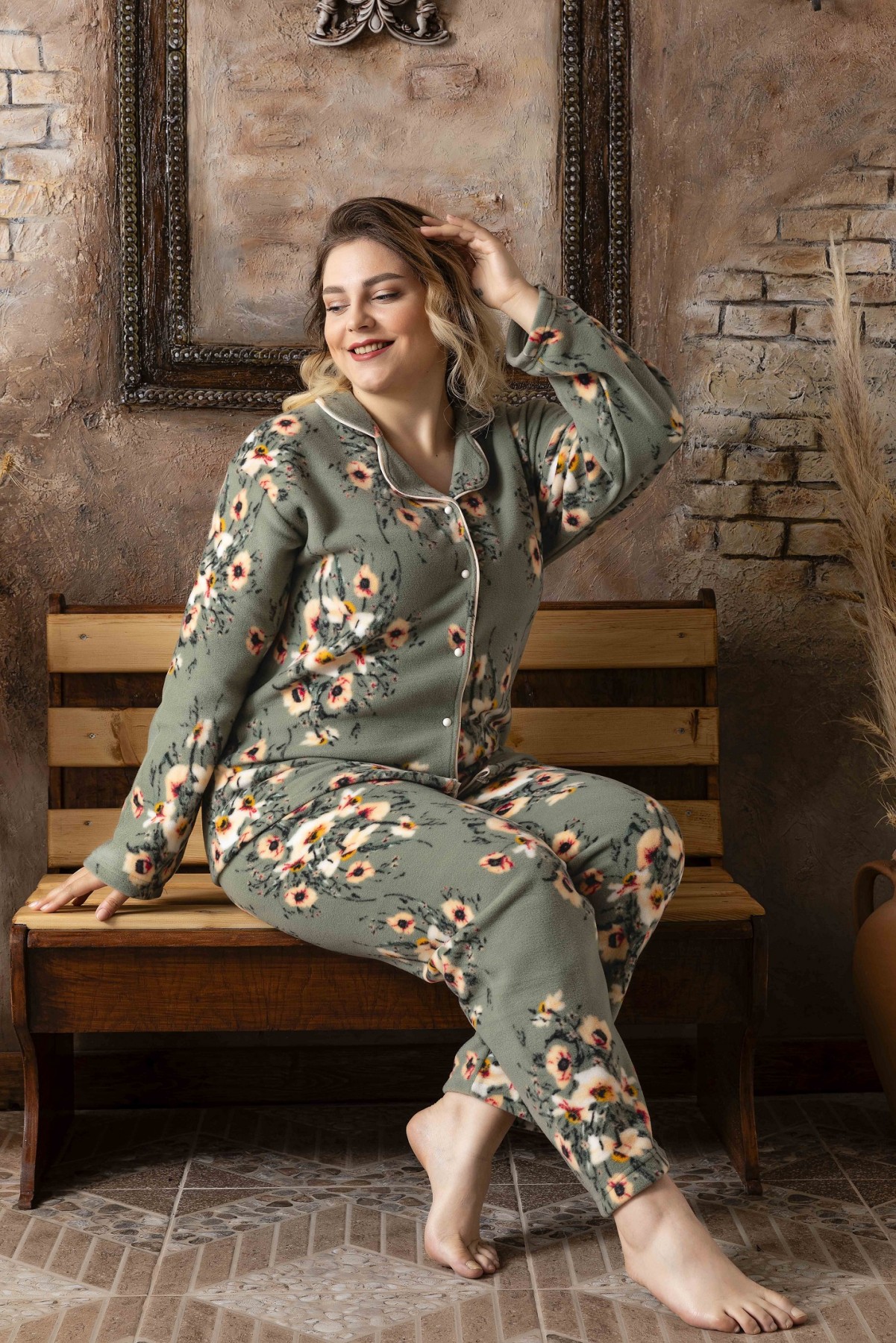 Kadın Battal Büyük Beden Önden Düğmeli Uzun Kollu Polar Pijama Takımı HAKİ-XL