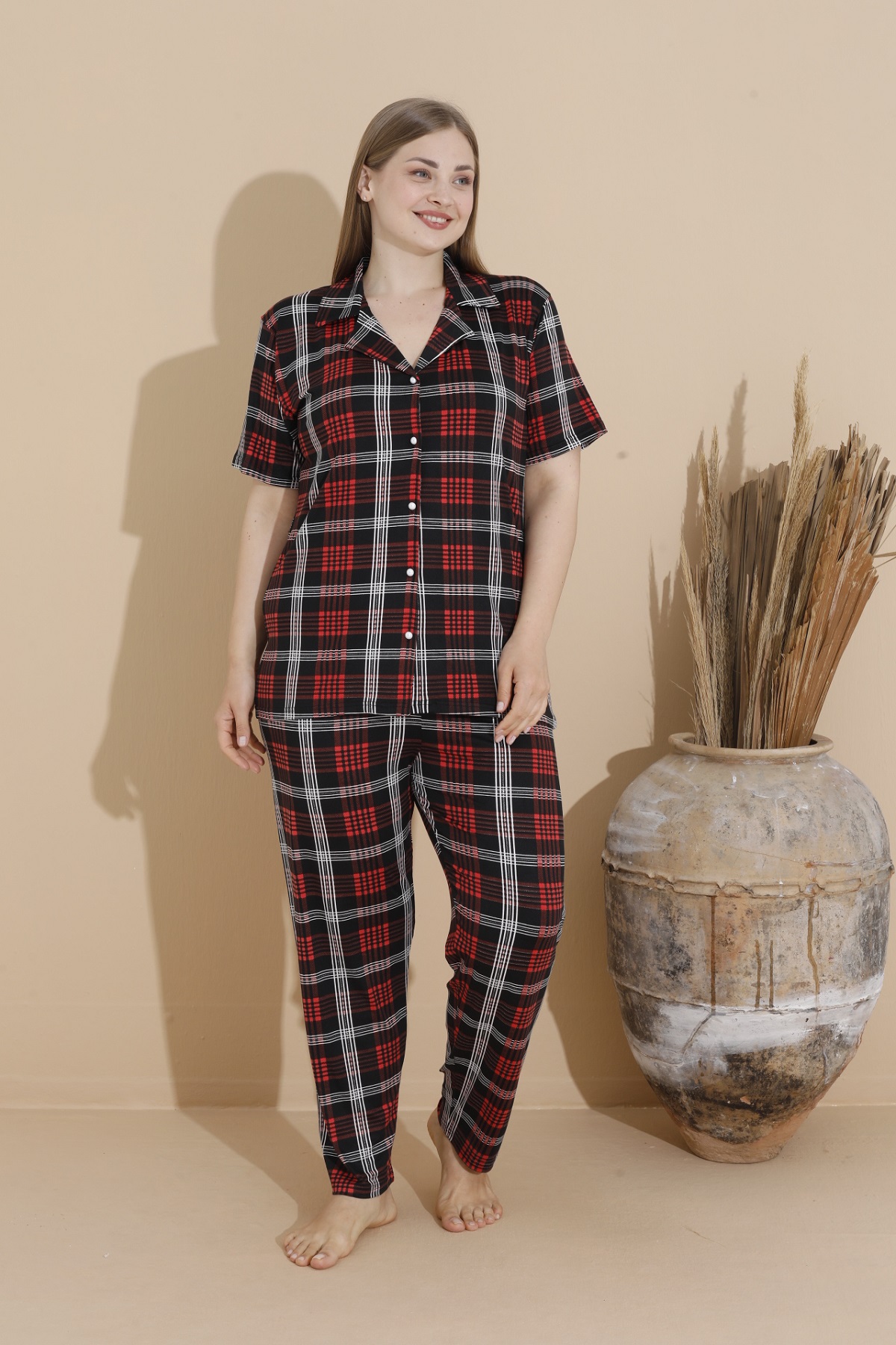 Kadın Battal Milan Kumaş Kısa Kol Gömlek Yaka Büyük Beden Pijama Takımı Ekose Siyah-3XL