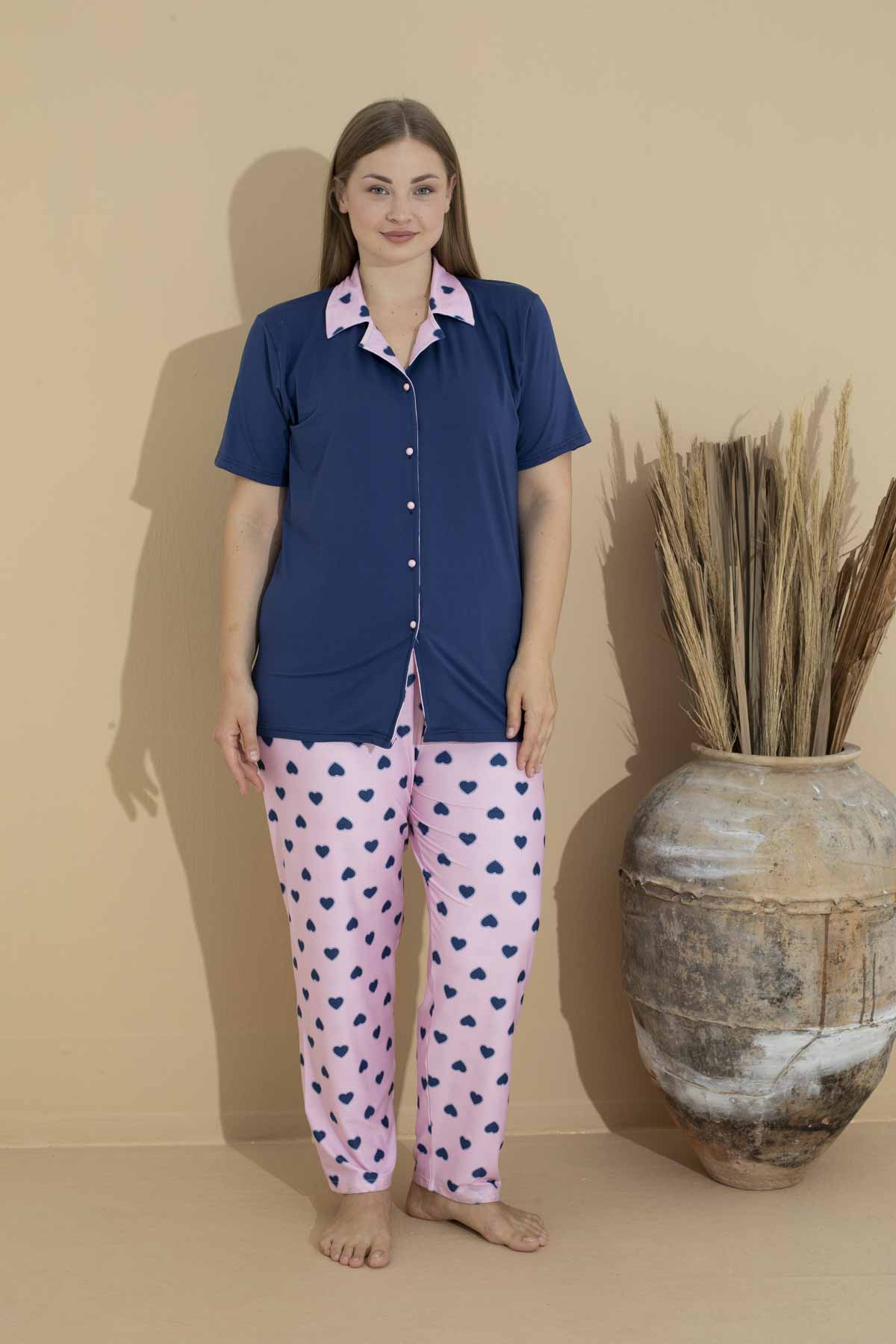 Kadın Battal Milan Kumaş Kısa Kol Gömlek Yaka Büyük Beden Pijama Takımı LACİVERT-3XL