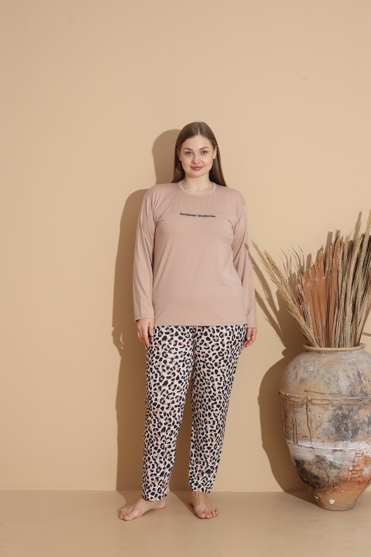 Kadın Battal Milan Kumaş Pijama Takımı Büyük Beden Uzun Kol BEJ-2XL