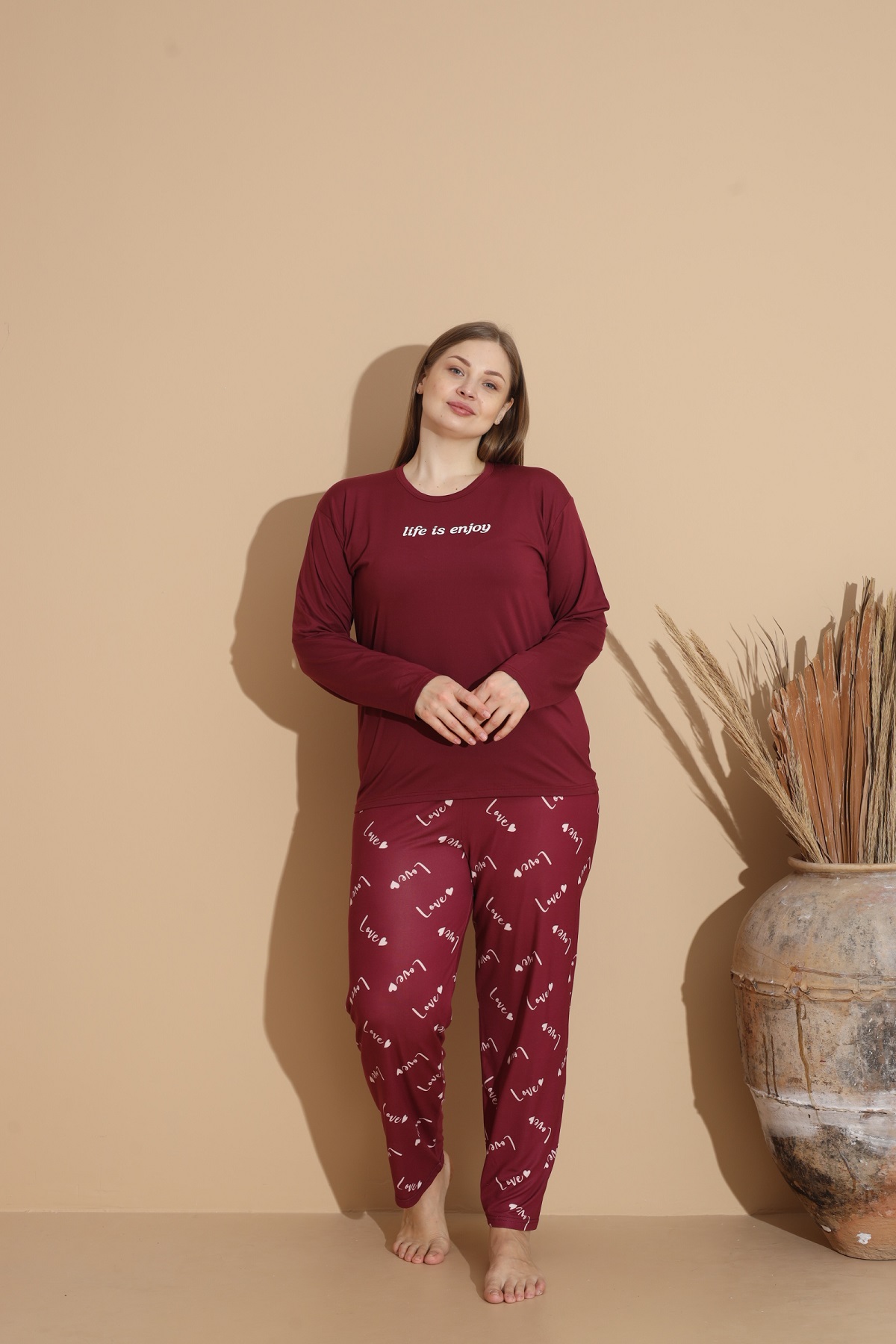 Kadın Battal Milan Kumaş Pijama Takımı Büyük Beden Uzun Kol BORDO-2XL