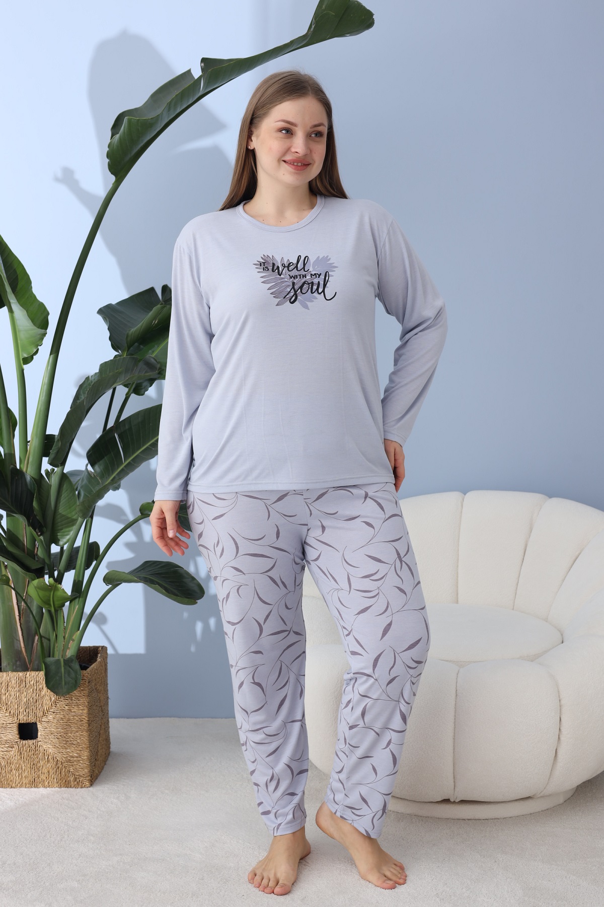 Kadın Battal Milan Kumaş Pijama Takımı Büyük Beden Uzun Kol GRİ-2XL