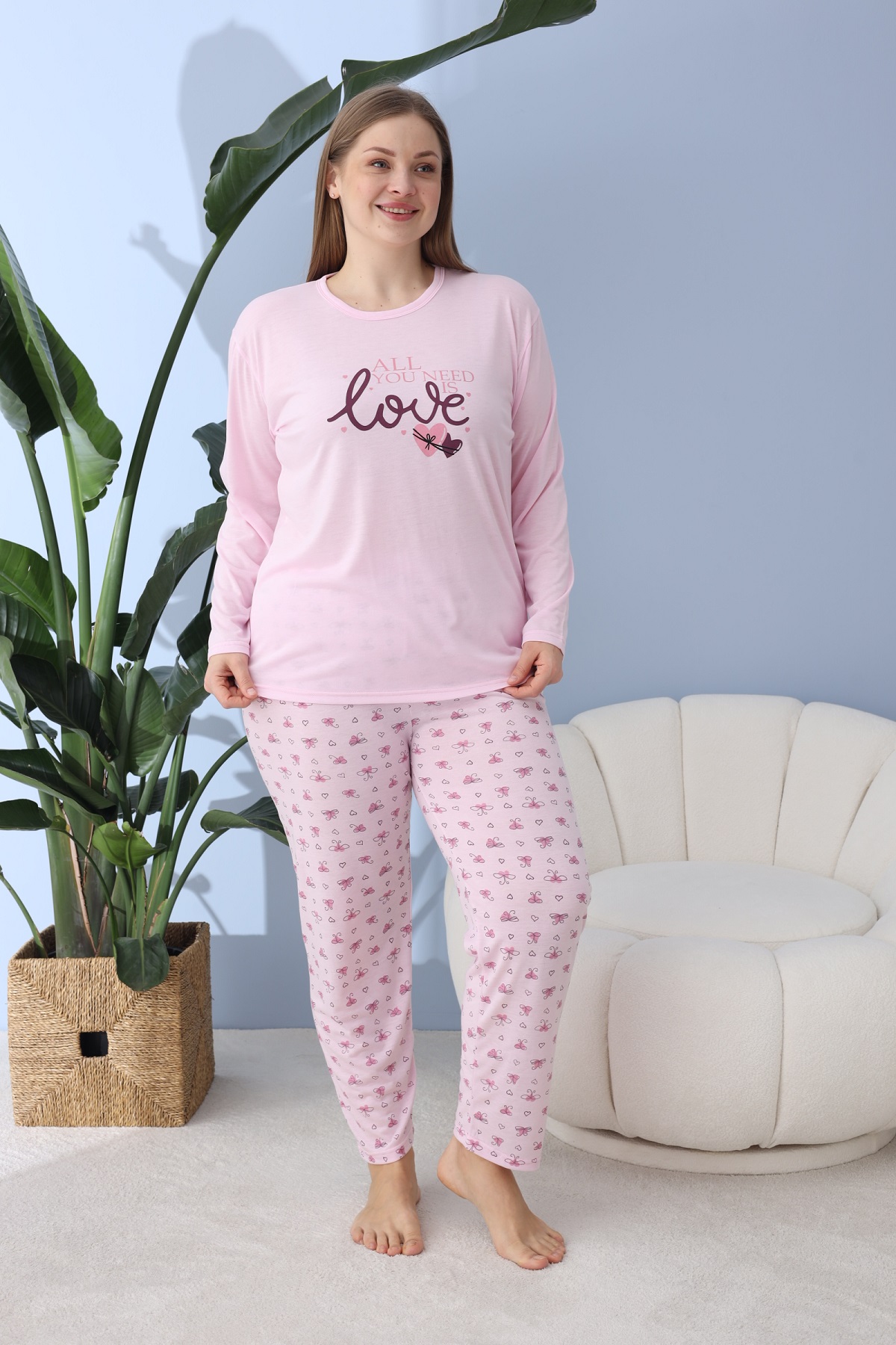 Kadın Battal Milan Kumaş Pijama Takımı Büyük Beden Uzun Kol PEMBE-5XL