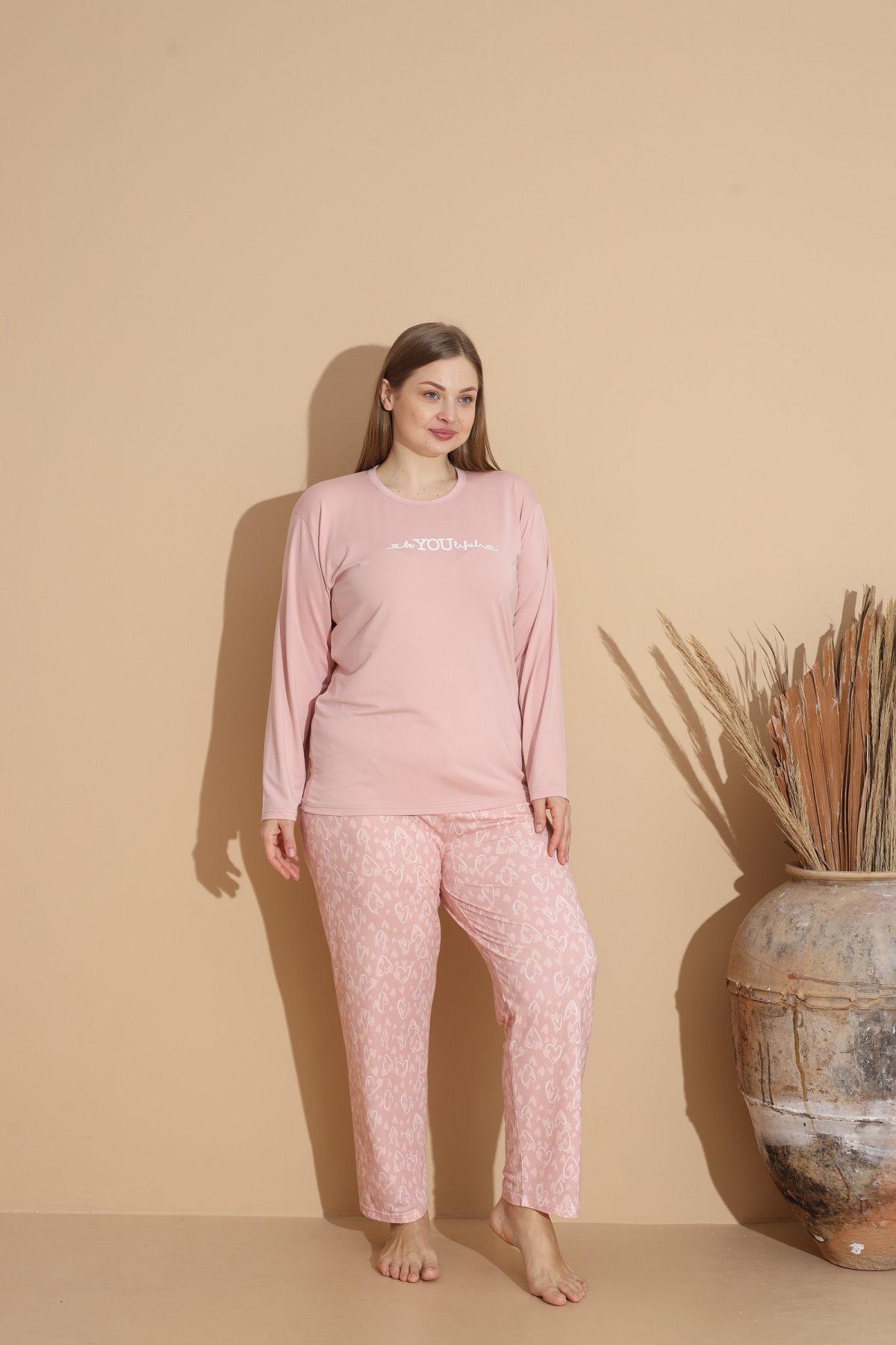 Kadın Battal Milan Kumaş Pijama Takımı Büyük Beden Uzun Kol PUDRA-2XL