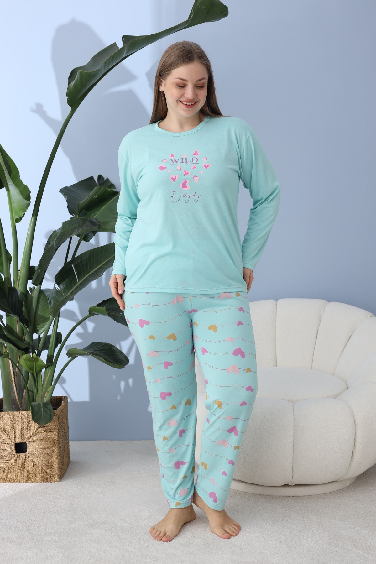 Kadın Battal Milan Kumaş Pijama Takımı Büyük Beden Uzun Kol TURKUAZ-5XL