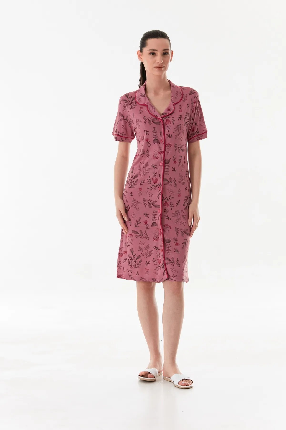 Kadın Boydan Düğmeli Viskon Kumaş Gecelik Elbise ( Uyku bandı Hediyeli ) GÜL KURUSU-2XL