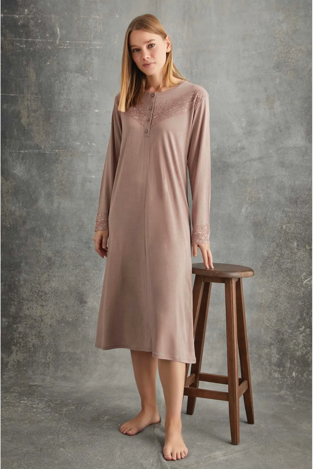 Kadın Dantelli Gül Kurusu Gecelik Uzun Kollu GÜL KURUSU-XL