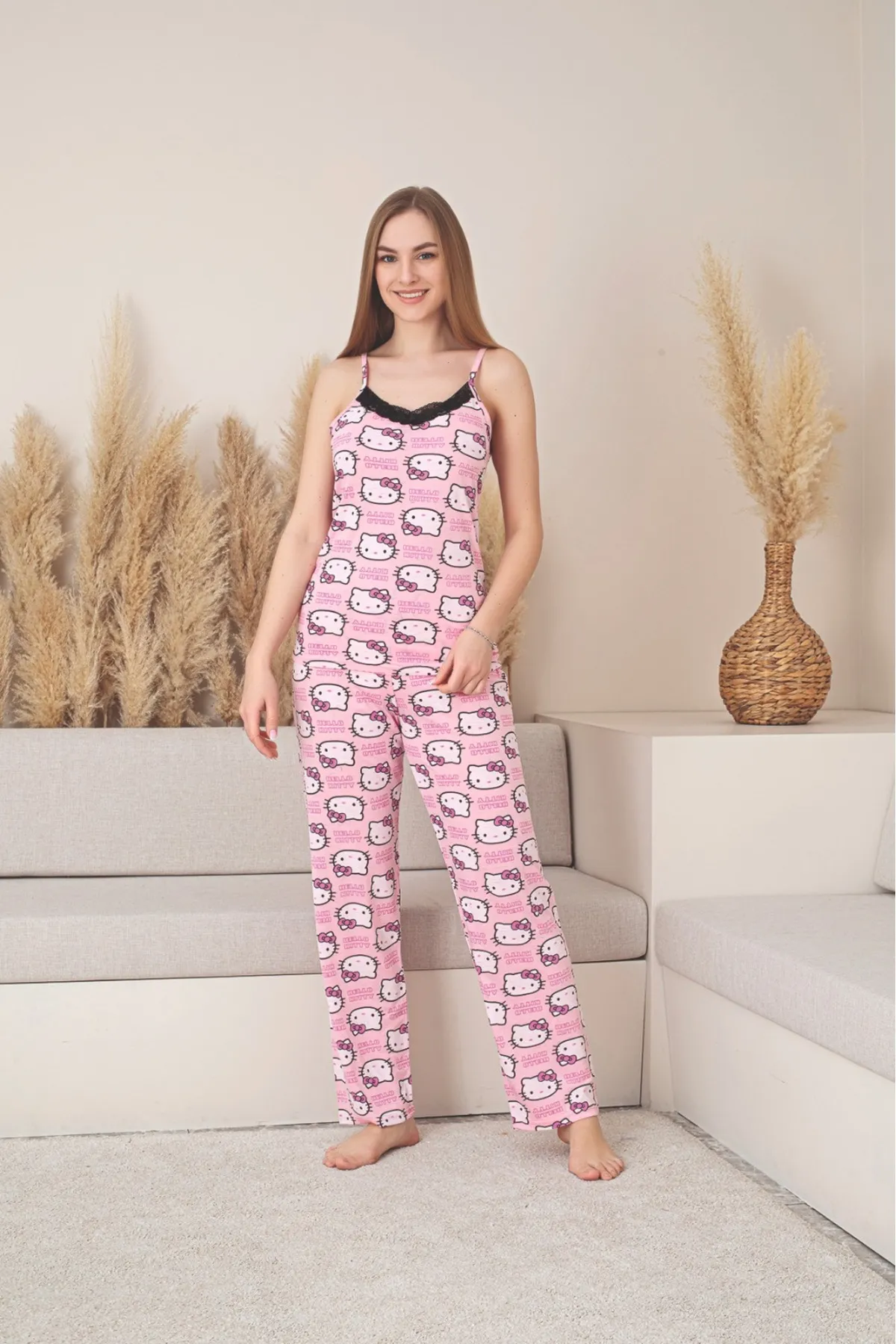 Kadın İp Askılı Bambu Kumaş Pijama Takımı YENİ SEZON PEMBE-M