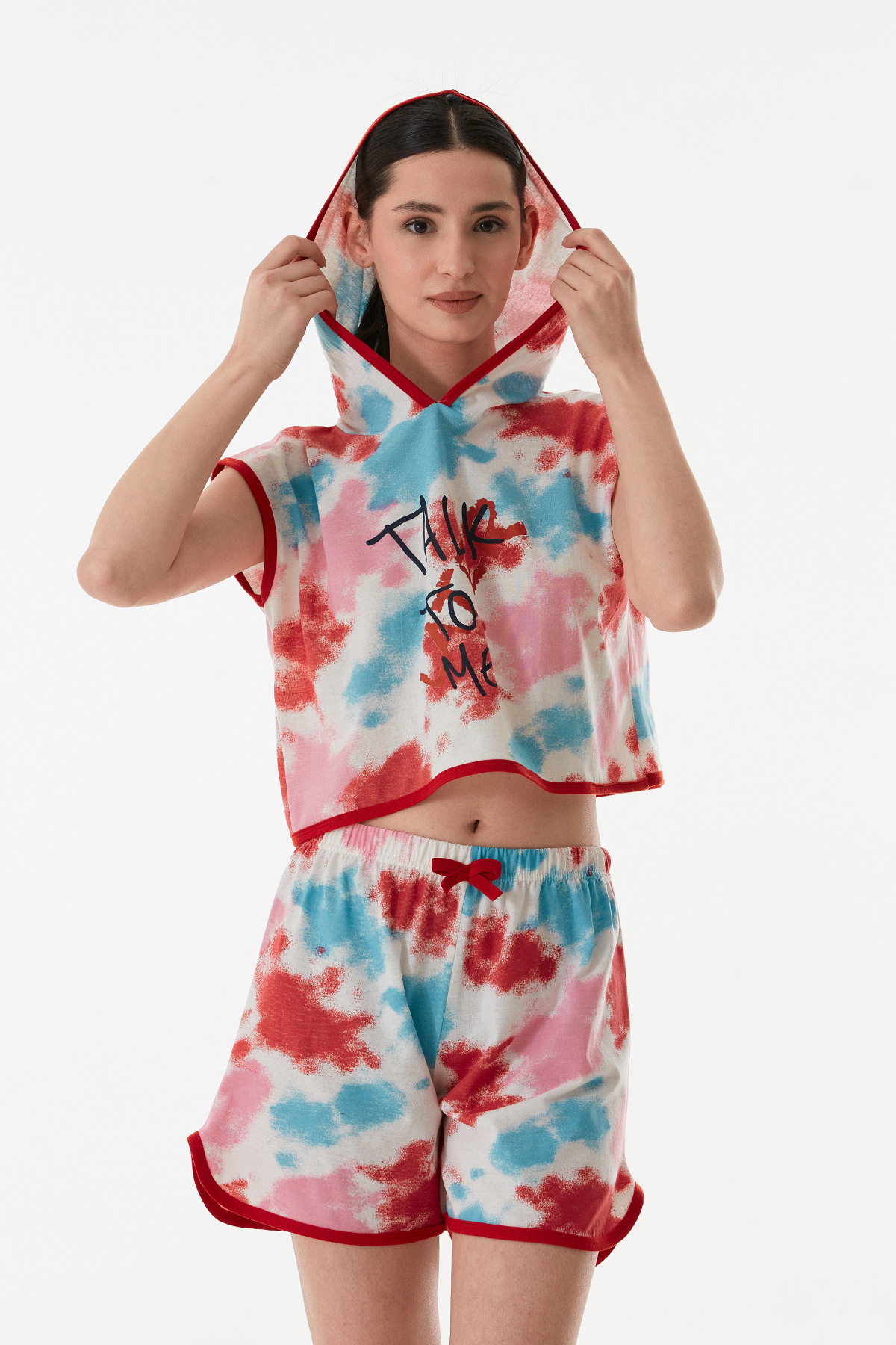 Kadın Kapşonlu Şortlu Yazlık Baskılı Penye Pijama Takımı KIRMIZI-2XL