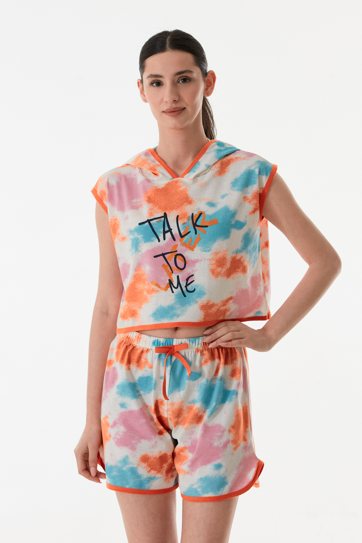 Kadın Kapşonlu Şortlu Yazlık Baskılı Penye Pijama Takımı TURUNCU-L