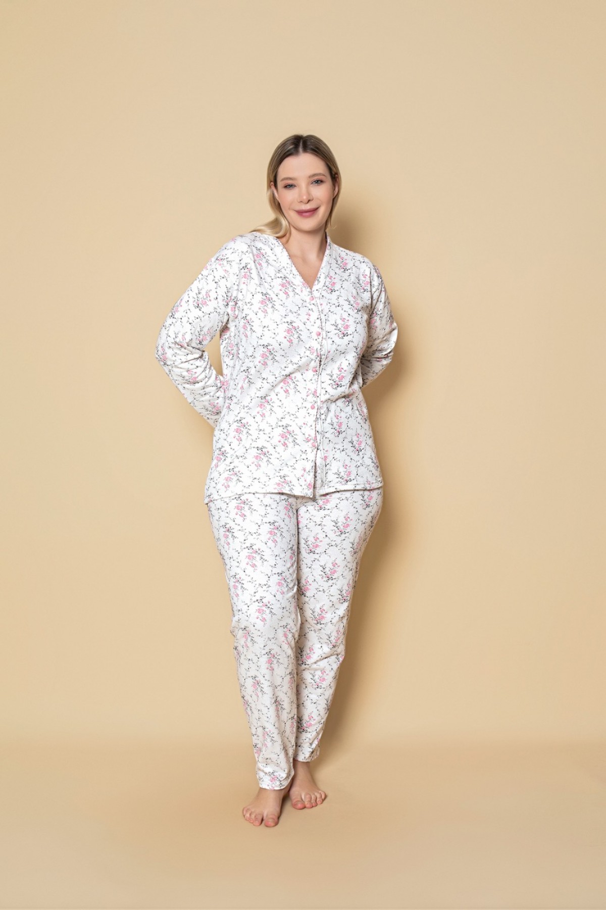 Kadın Önden Düğmeli Battal 2 İplik İçi Şardonlu Pijama Takımı PEMBE-ÇİÇEKLİ-2XL