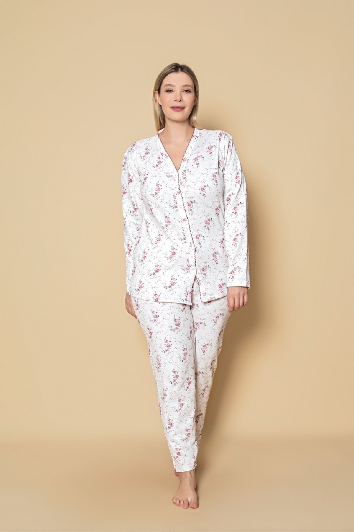 Kadın Önden Düğmeli Battal 2 İplik İçi Şardonlu Pijama Takımı PEMBE-GRİ-3XL