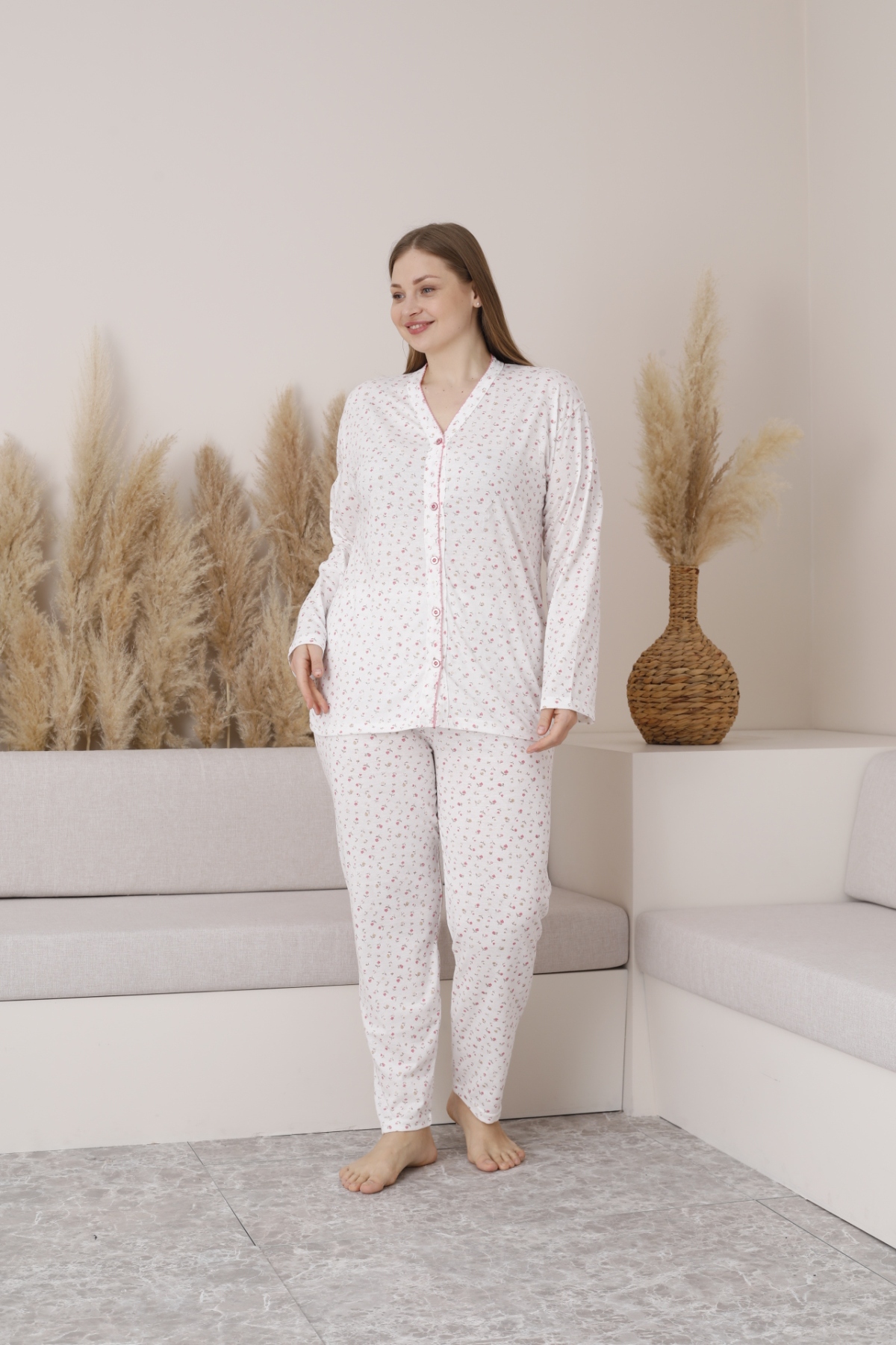 Kadın Önden Düğmeli Battal Mevsimlik Pijama Takımı Büyük Beden PEMBE-3XL