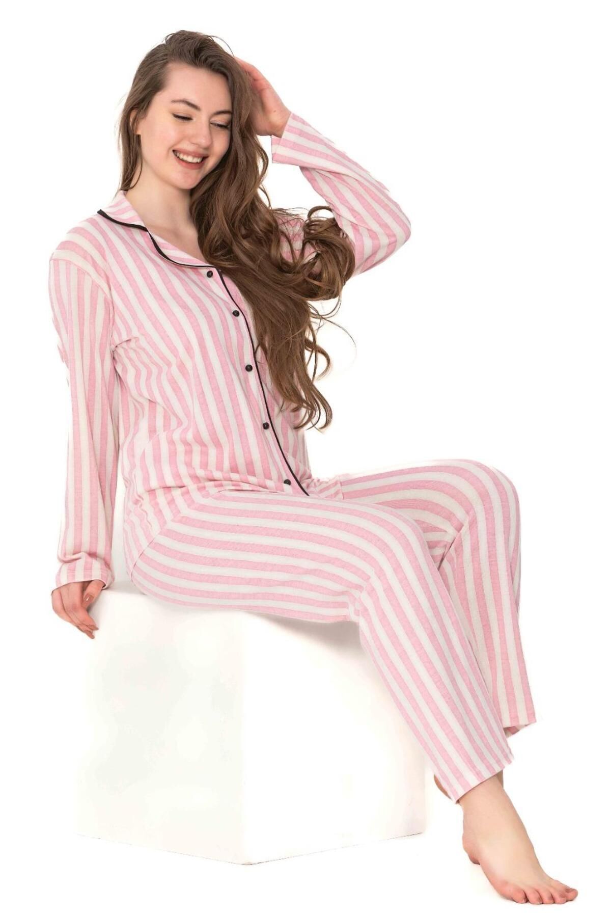 Kadın Önden Düğmeli Kollu Yazlık Gömlek Model Pijama Takımı Yeni Sezon