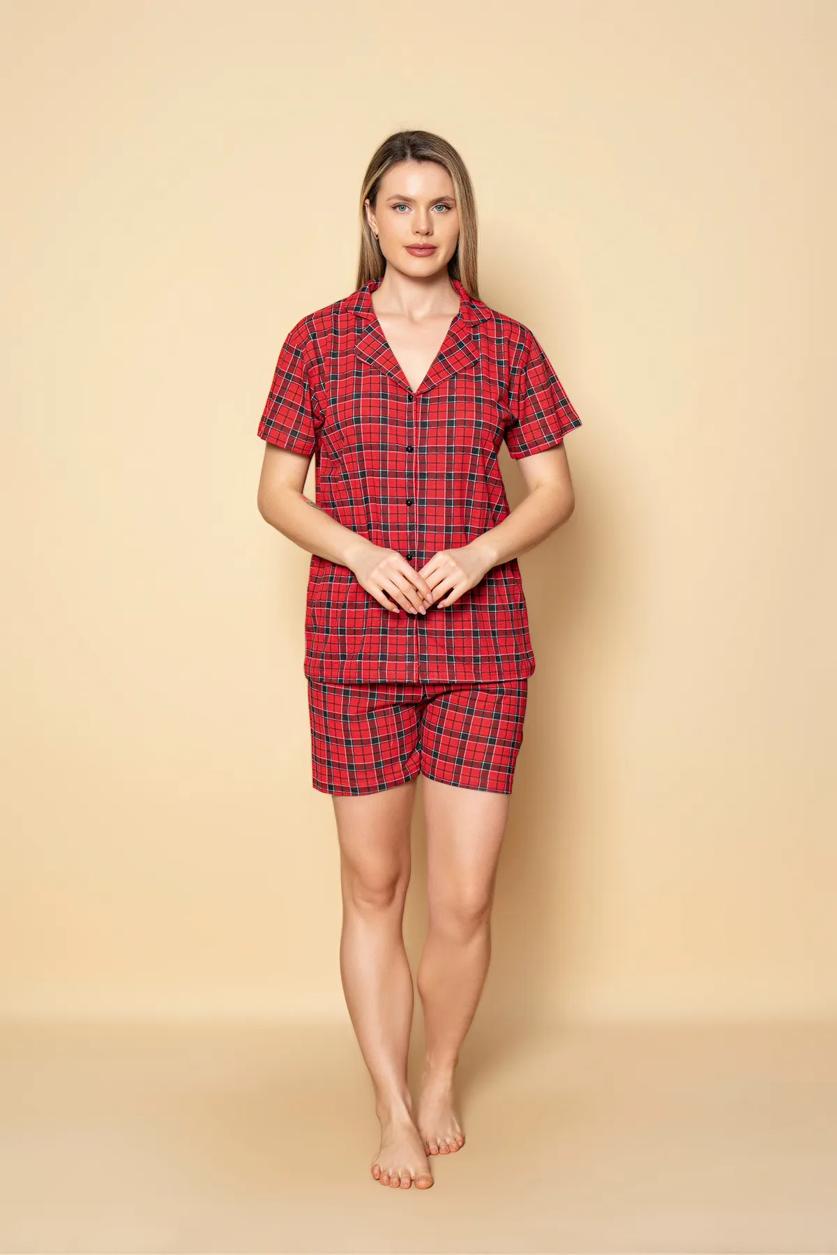 Kadın Önden Düğmeli Şortlu Yazlık Pijama Takımı Ekose-XL Kadın Önden Düğmeli Şortlu Yazlık Pijama Takımı Ekose-XL