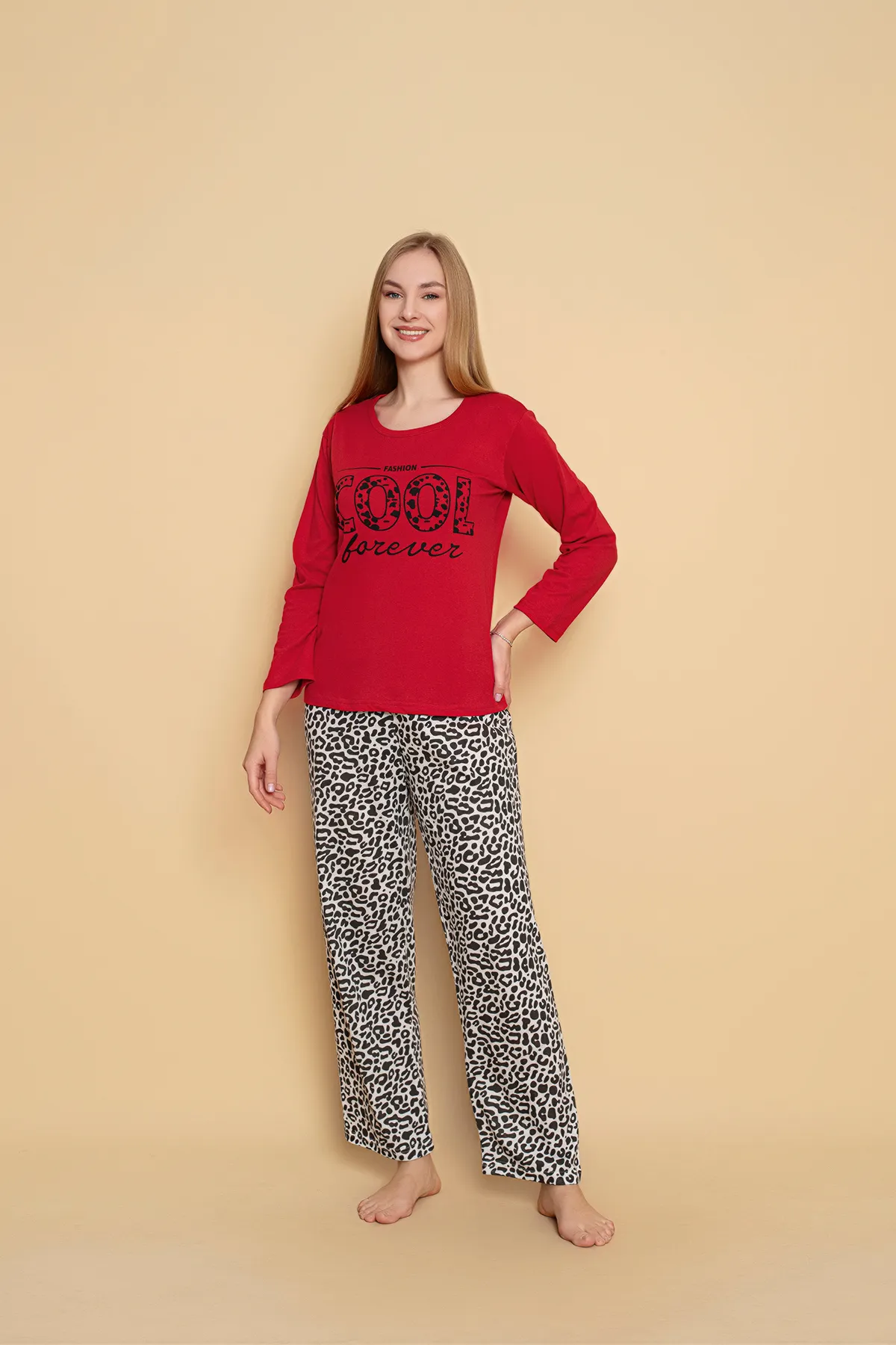 Kadın Penye Sıfır Yaka Uzun Kol Pijama Takımı KIRMIZI-2XL