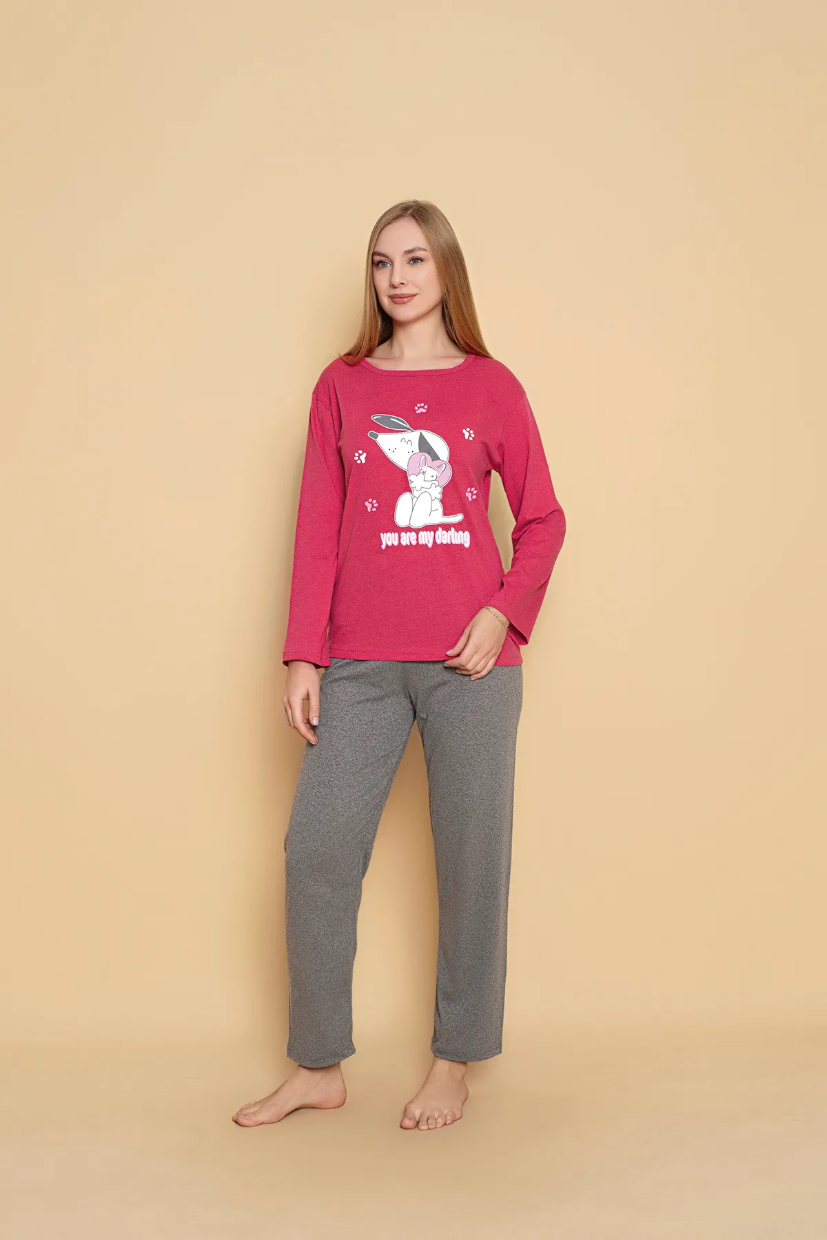 Kadın Penye Sıfır Yaka Uzun Kol Pijama Takımı KIRMIZI-L