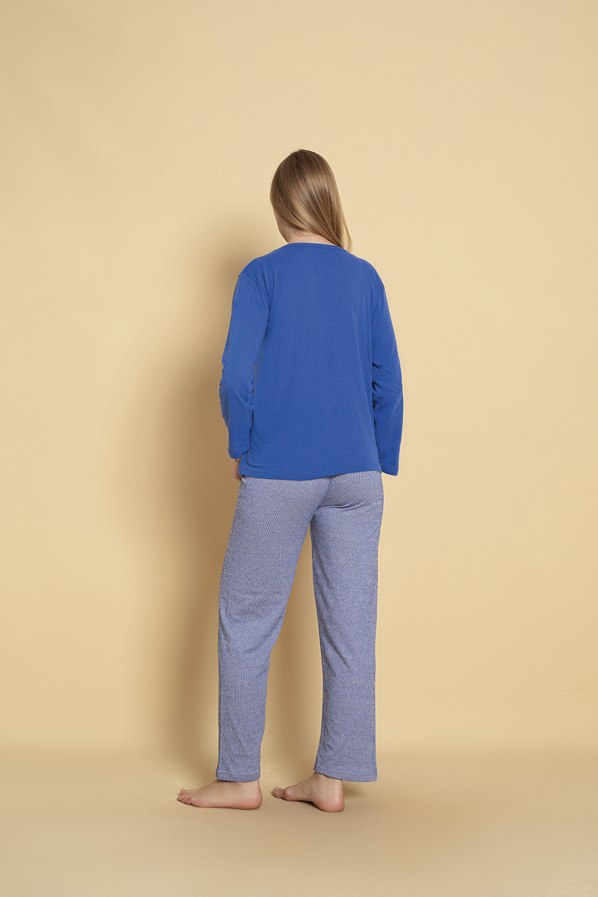 Kadın Penye Sıfır Yaka Uzun Kol Pijama Takımı SAKS MAVİSİ-XL