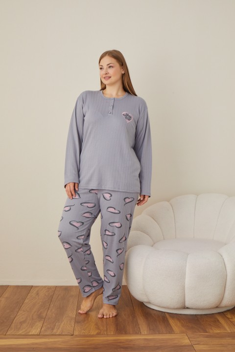 Kadın Raporlu İnterlok Kumaş Büyük Beden Düğmeli Pijama Takımı GRİ-2XL