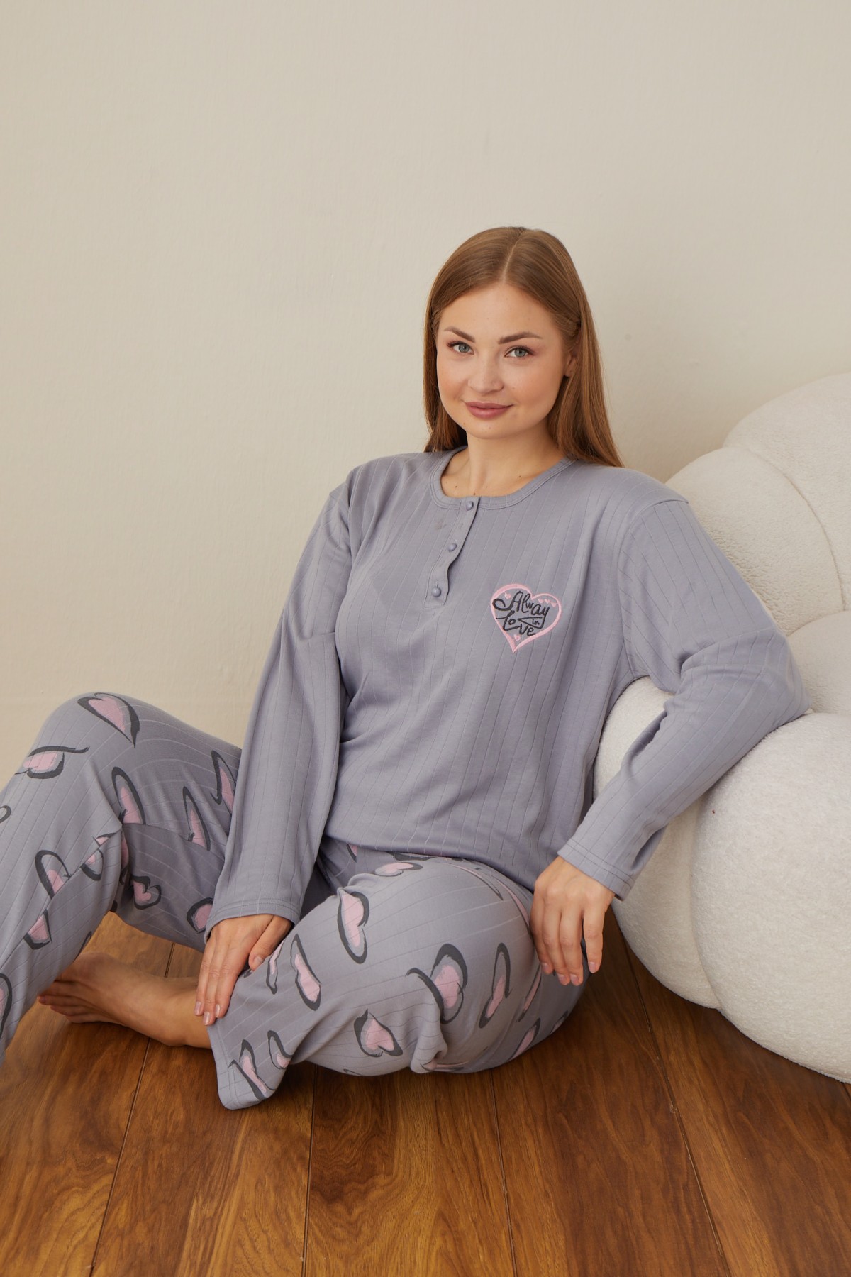 Kadın Raporlu İnterlok Kumaş Büyük Beden Düğmeli Pijama Takımı GRİ-2XL