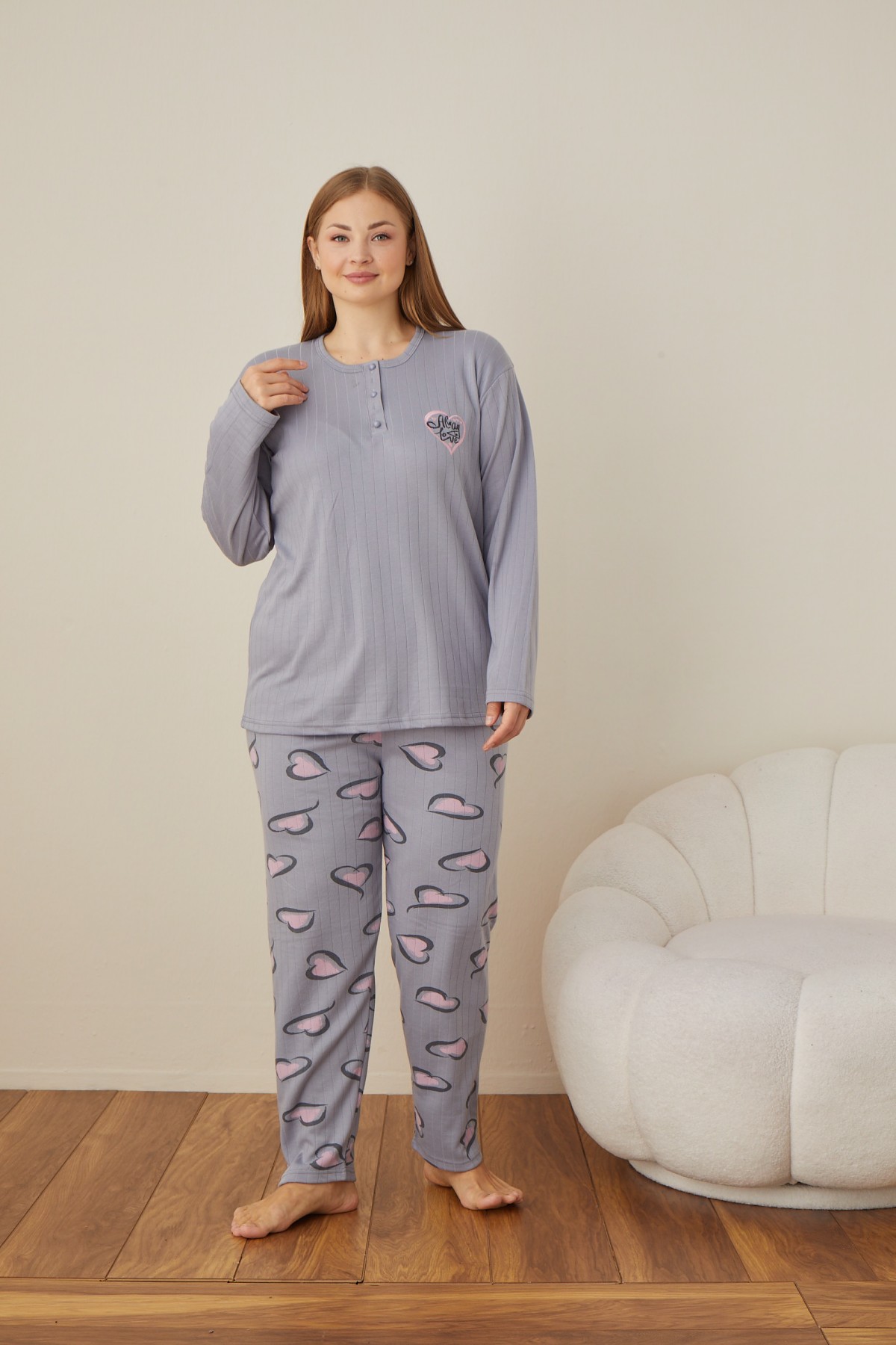 Kadın Raporlu İnterlok Kumaş Büyük Beden Düğmeli Pijama Takımı GRİ-2XL