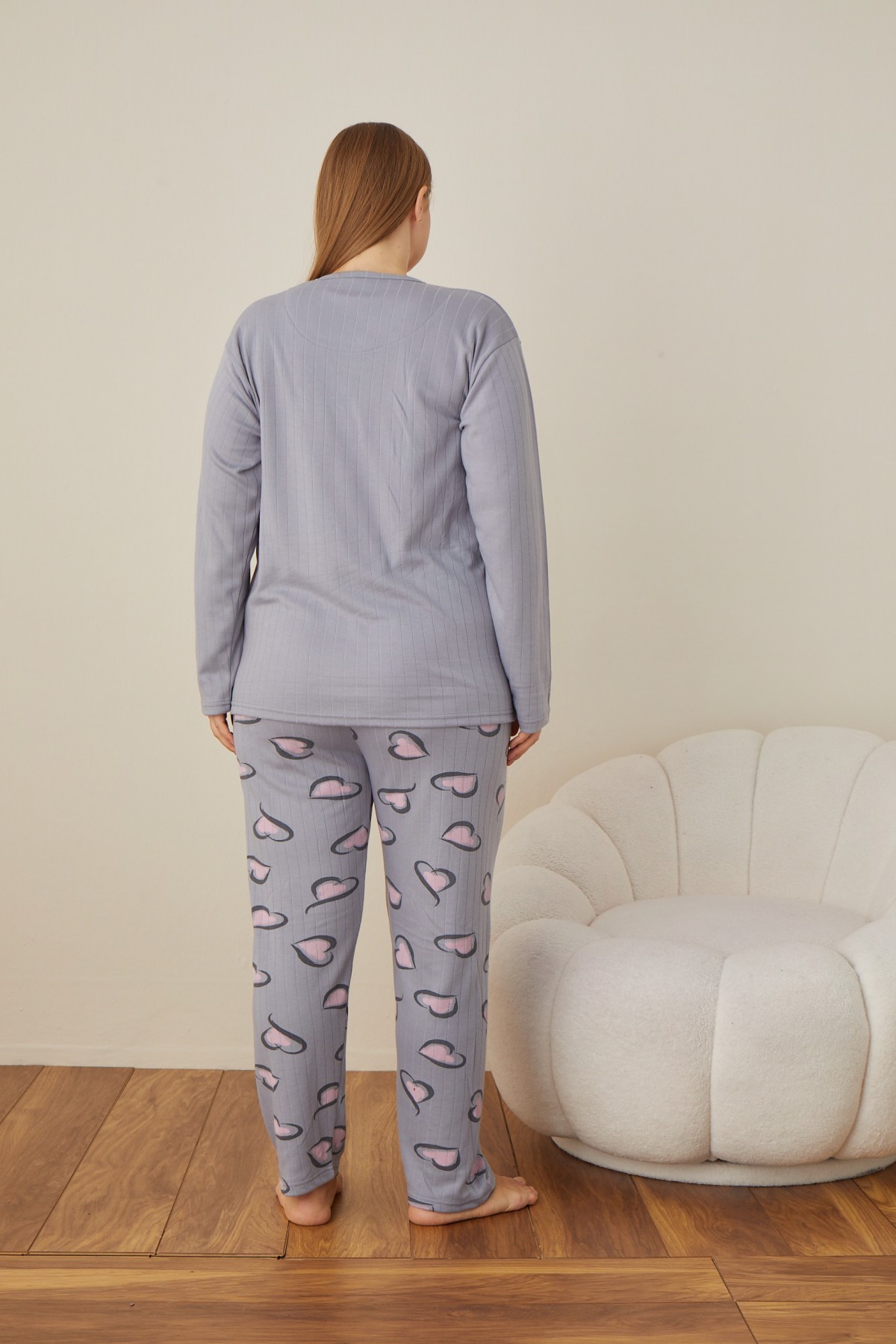 Kadın Raporlu İnterlok Kumaş Büyük Beden Düğmeli Pijama Takımı GRİ-2XL Kadın Raporlu İnterlok Kumaş Büyük Beden Düğmeli Pijama Takımı GRİ-2XL