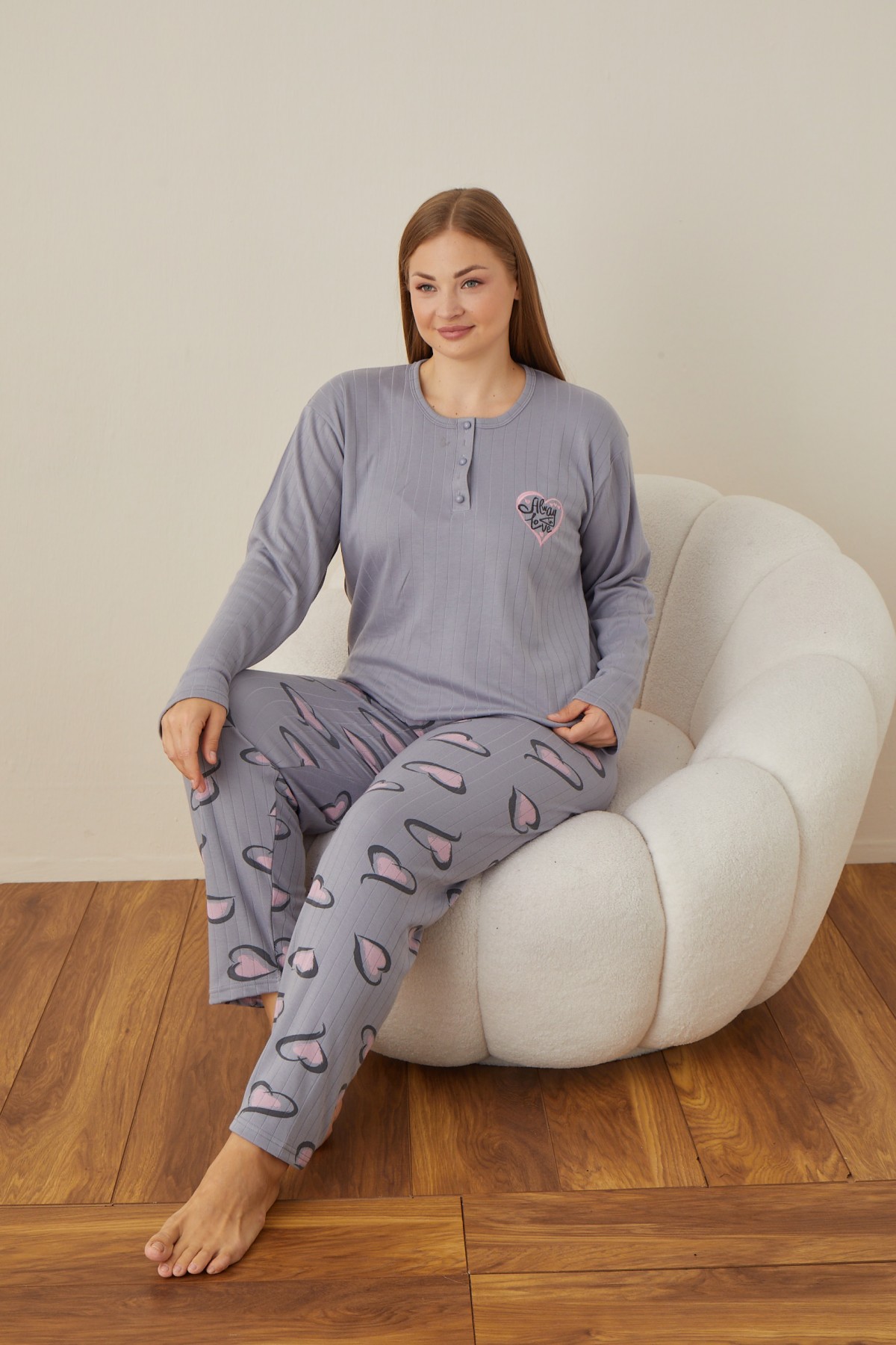 Kadın Raporlu İnterlok Kumaş Büyük Beden Düğmeli Pijama Takımı GRİ-2XL