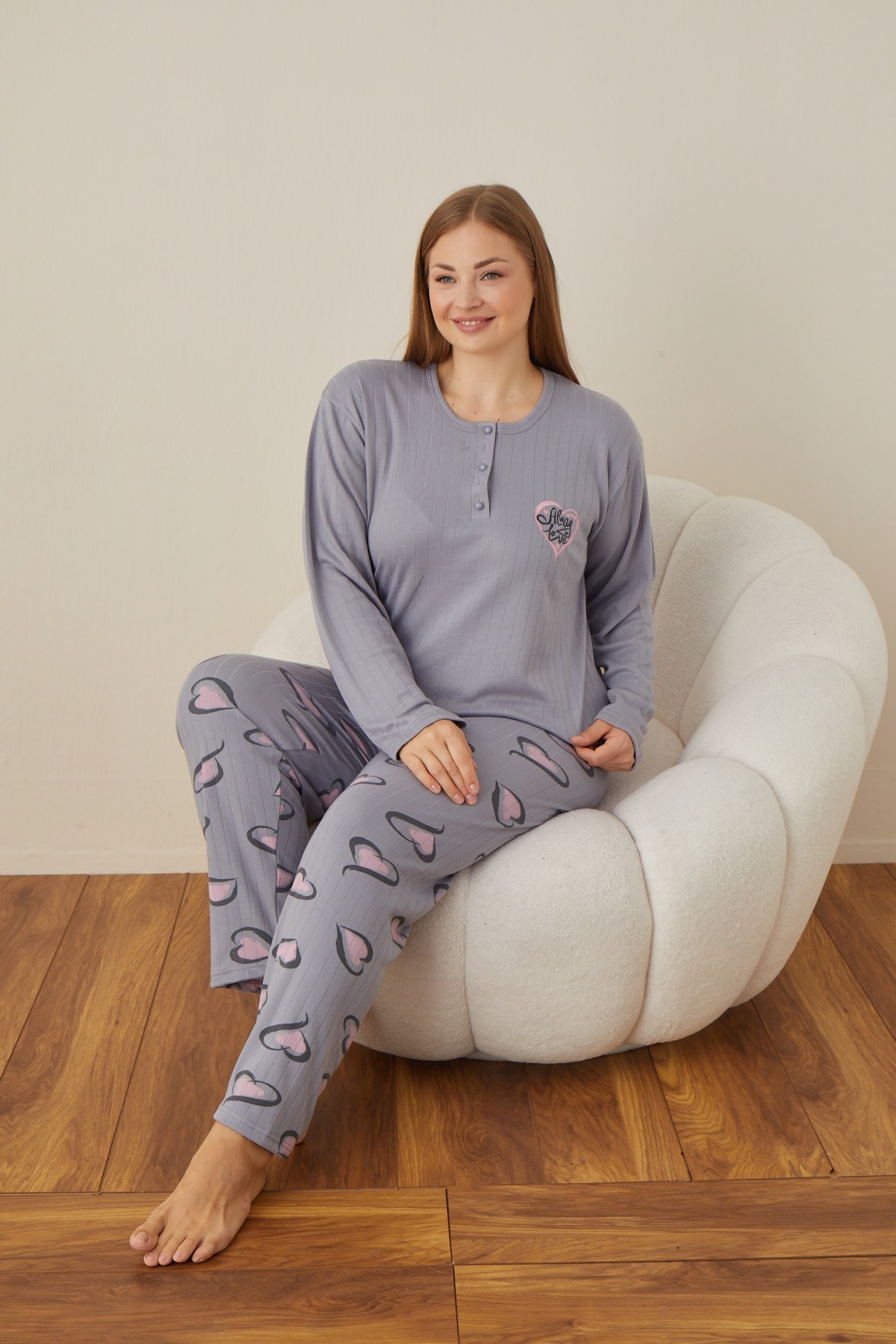 Kadın Raporlu İnterlok Kumaş Büyük Beden Düğmeli Pijama Takımı GRİ-2XL