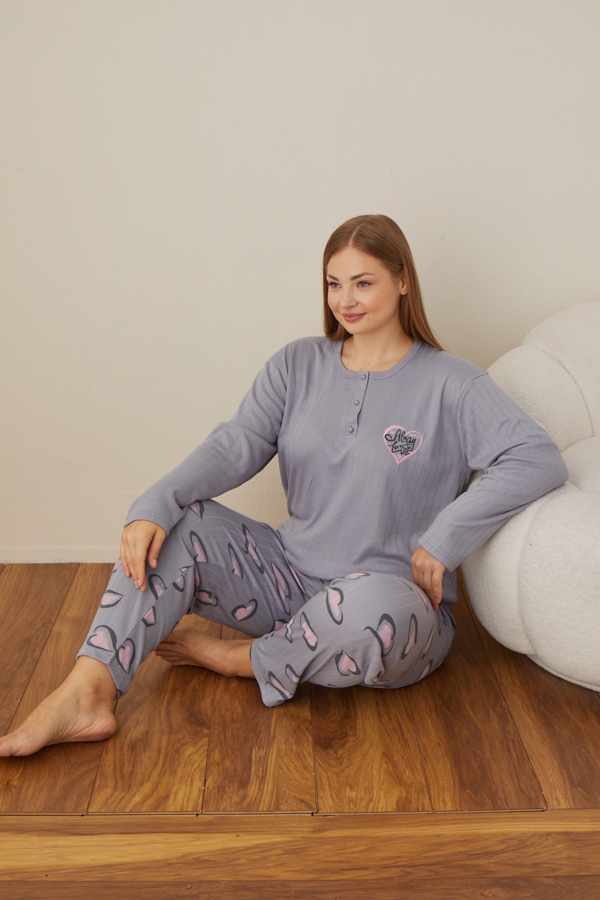 Kadın Raporlu İnterlok Kumaş Büyük Beden Düğmeli Pijama Takımı GRİ-2XL