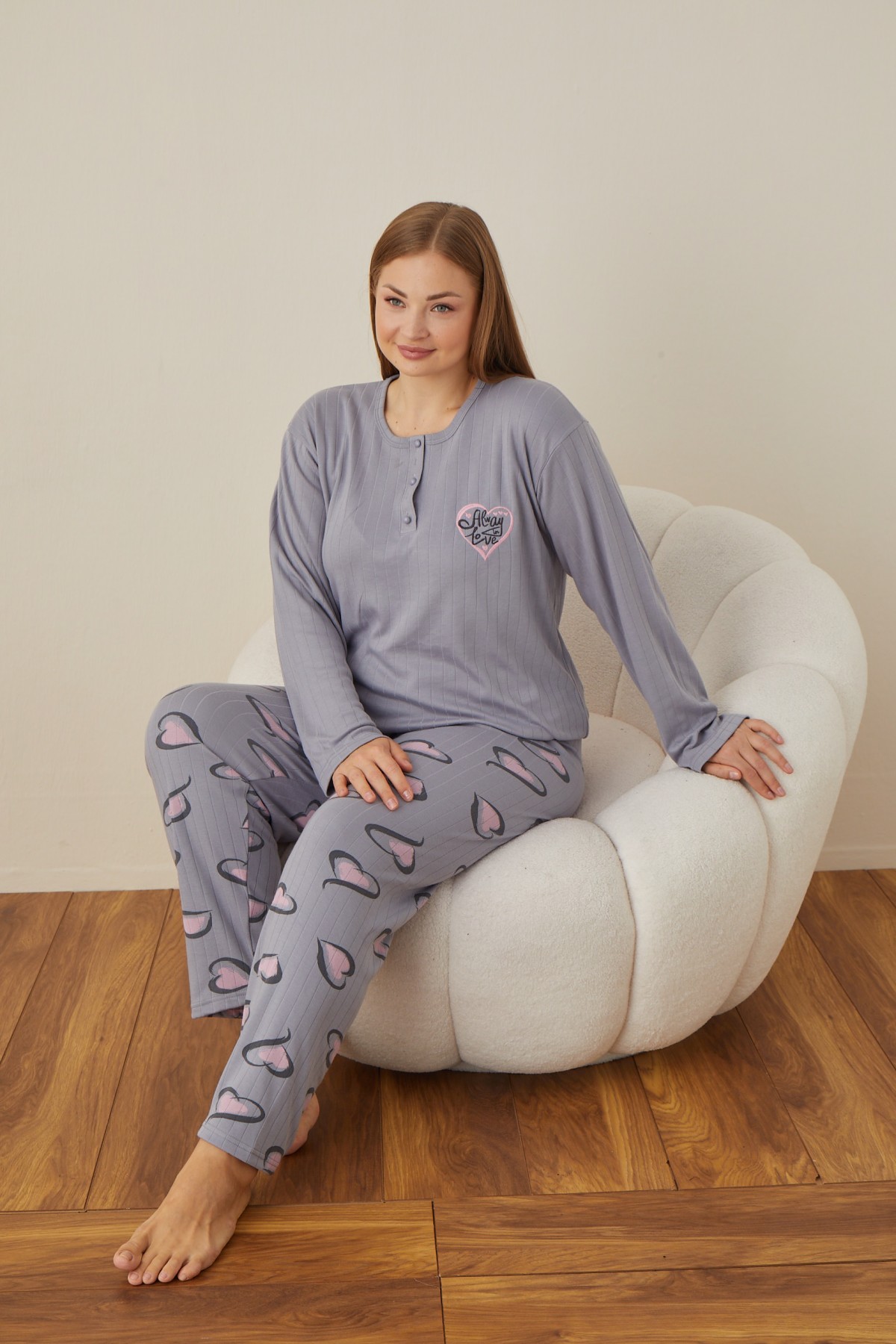 Kadın Raporlu İnterlok Kumaş Büyük Beden Düğmeli Pijama Takımı GRİ-3XL