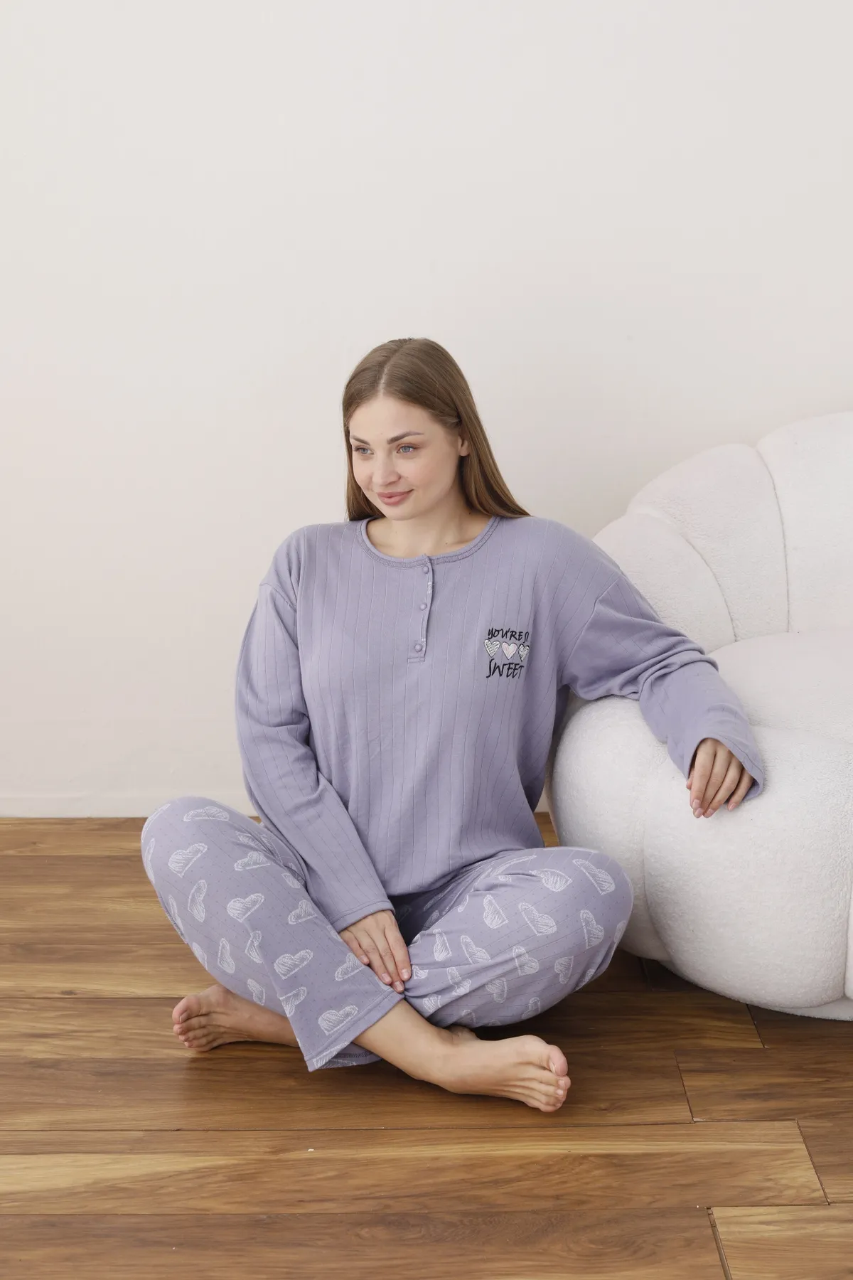 Kadın Raporlu İnterlok Kumaş Büyük Beden Düğmeli Pijama Takımı LİLA-2XL