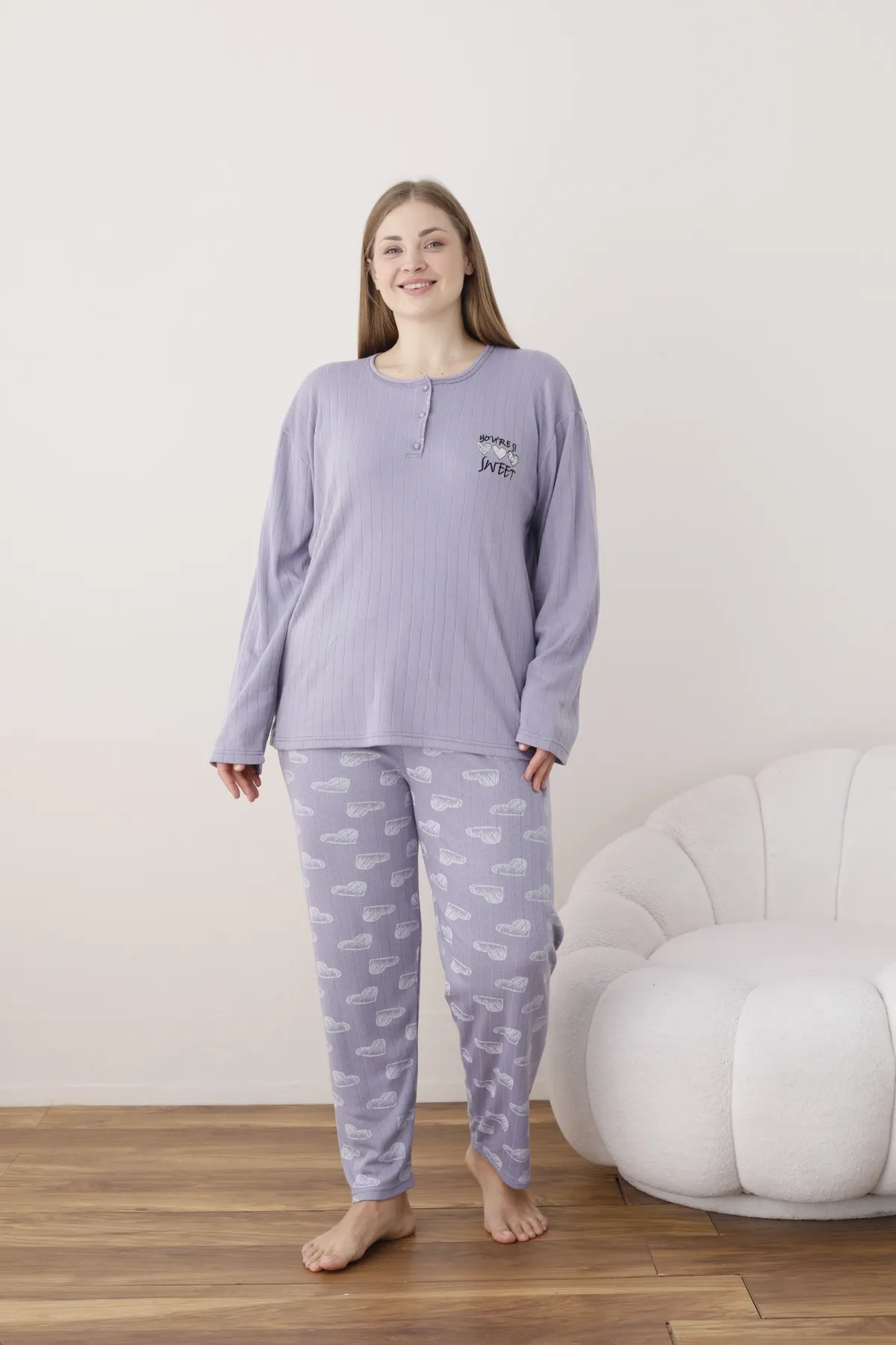 Kadın Raporlu İnterlok Kumaş Büyük Beden Düğmeli Pijama Takımı LİLA-2XL