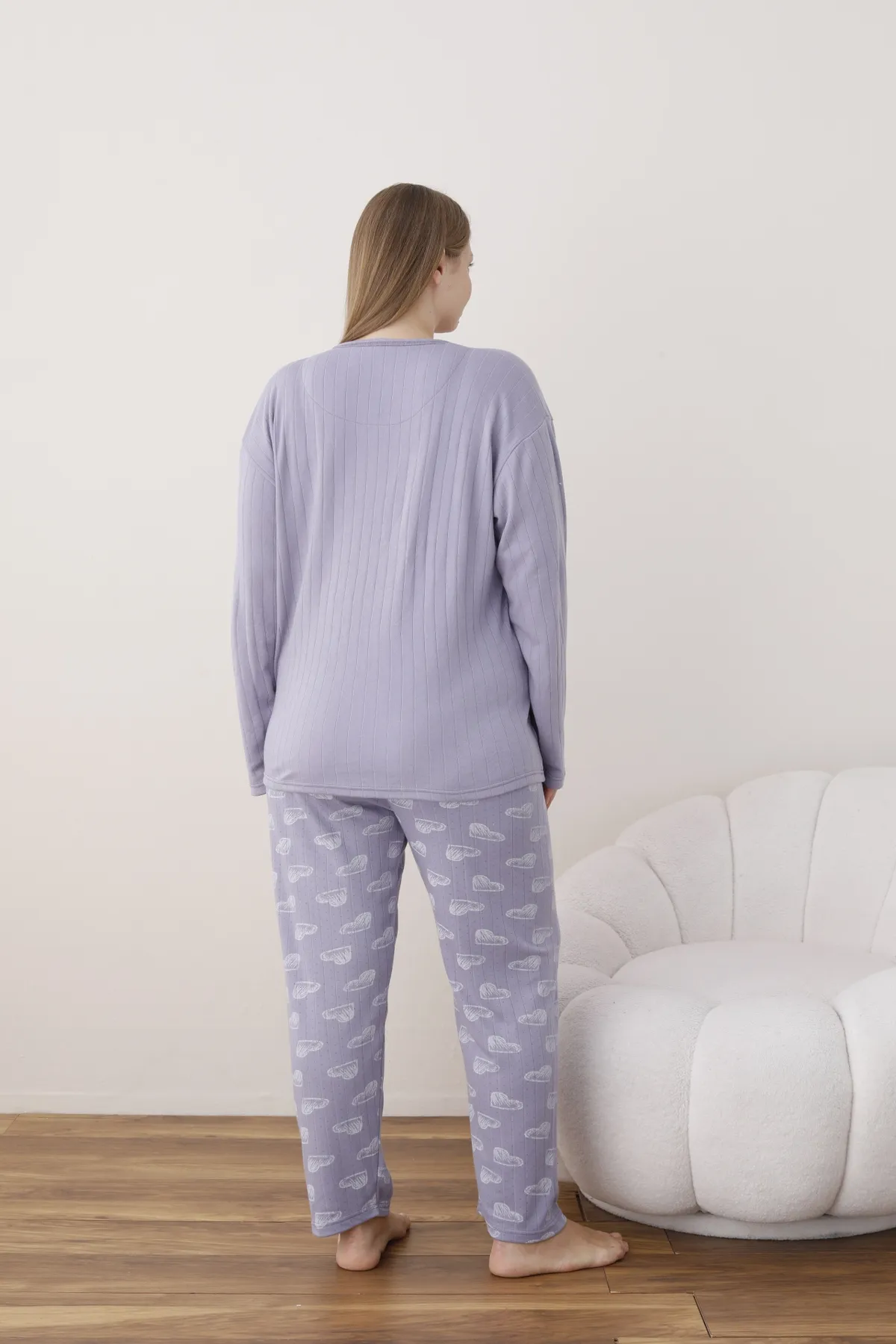 Kadın Raporlu İnterlok Kumaş Büyük Beden Düğmeli Pijama Takımı LİLA-2XL