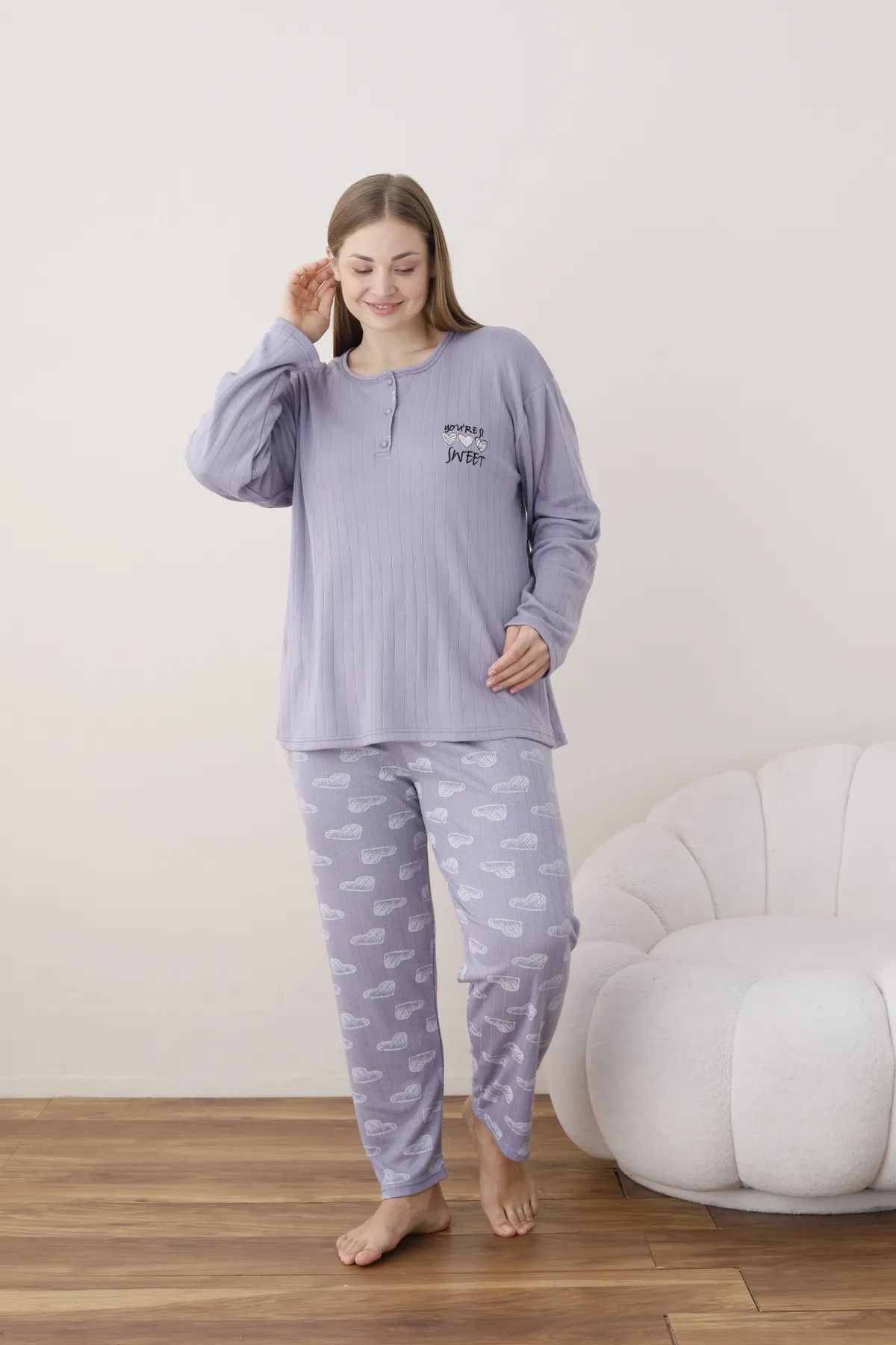 Kadın Raporlu İnterlok Kumaş Büyük Beden Düğmeli Pijama Takımı LİLA-2XL
