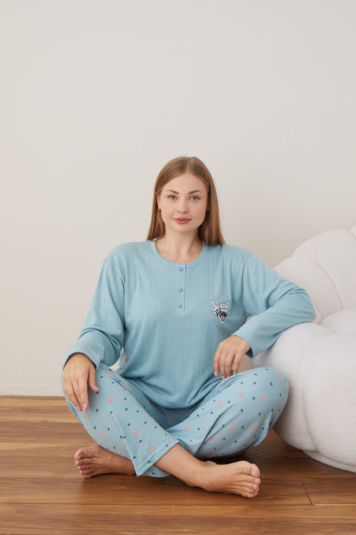 Kadın Raporlu İnterlok Kumaş Büyük Beden Düğmeli Pijama Takımı MAVİ-2XL