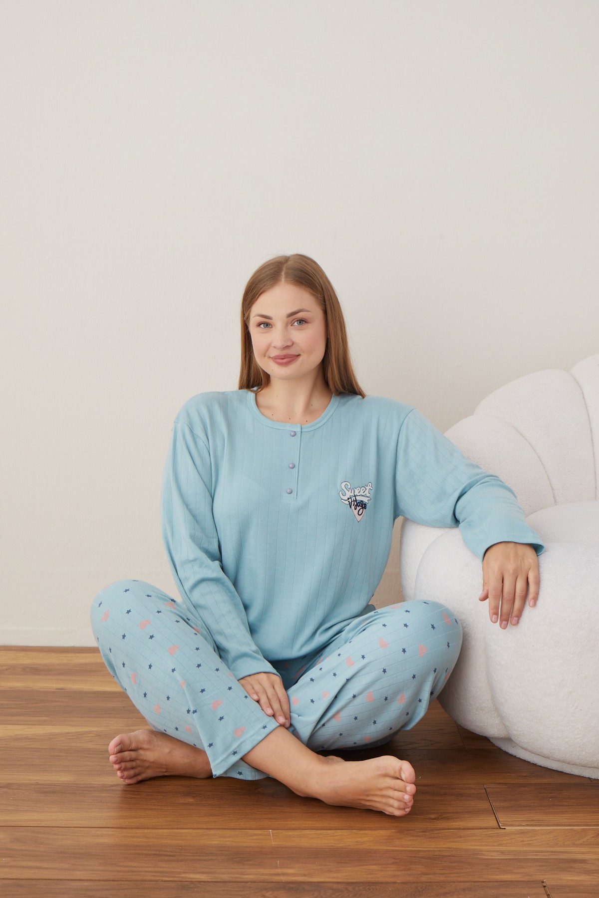 Kadın Raporlu İnterlok Kumaş Büyük Beden Düğmeli Pijama Takımı MAVİ-2XL