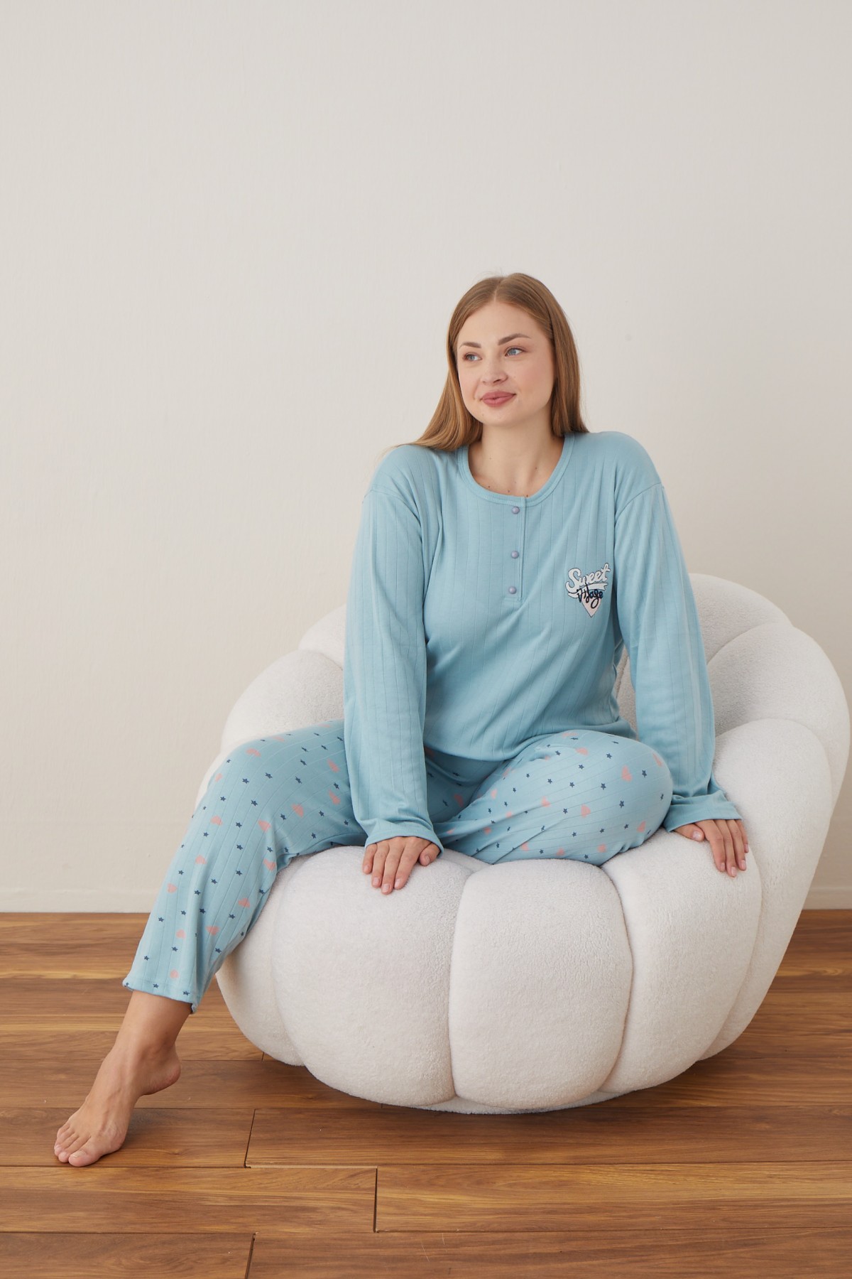 Kadın Raporlu İnterlok Kumaş Büyük Beden Düğmeli Pijama Takımı MAVİ-3XL