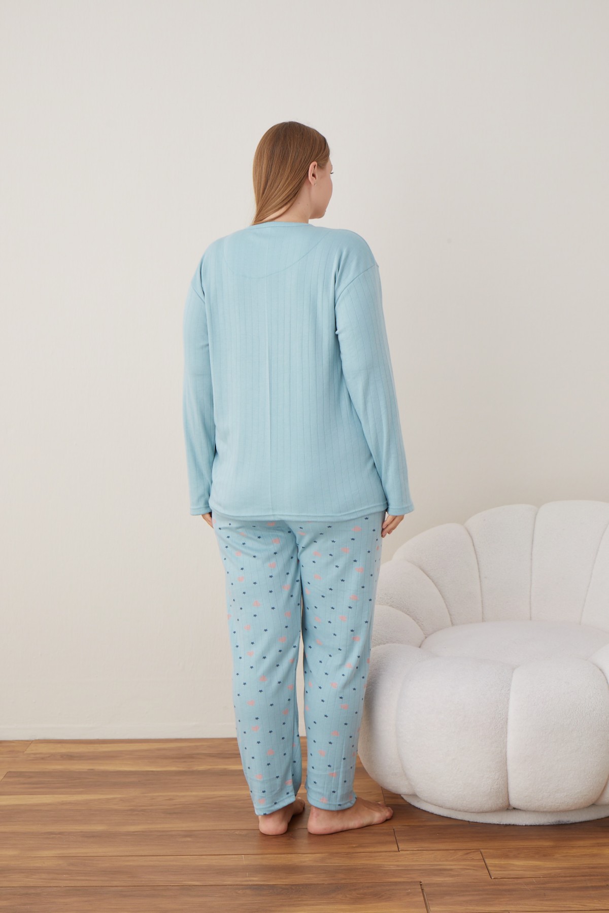 Kadın Raporlu İnterlok Kumaş Büyük Beden Düğmeli Pijama Takımı MAVİ-3XL Kadın Raporlu İnterlok Kumaş Büyük Beden Düğmeli Pijama Takımı MAVİ-3XL