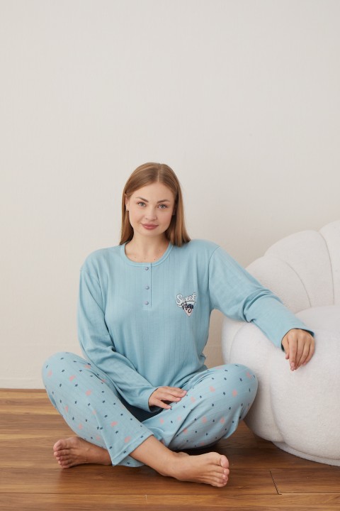 Kadın Raporlu İnterlok Kumaş Büyük Beden Düğmeli Pijama Takımı MAVİ-3XL