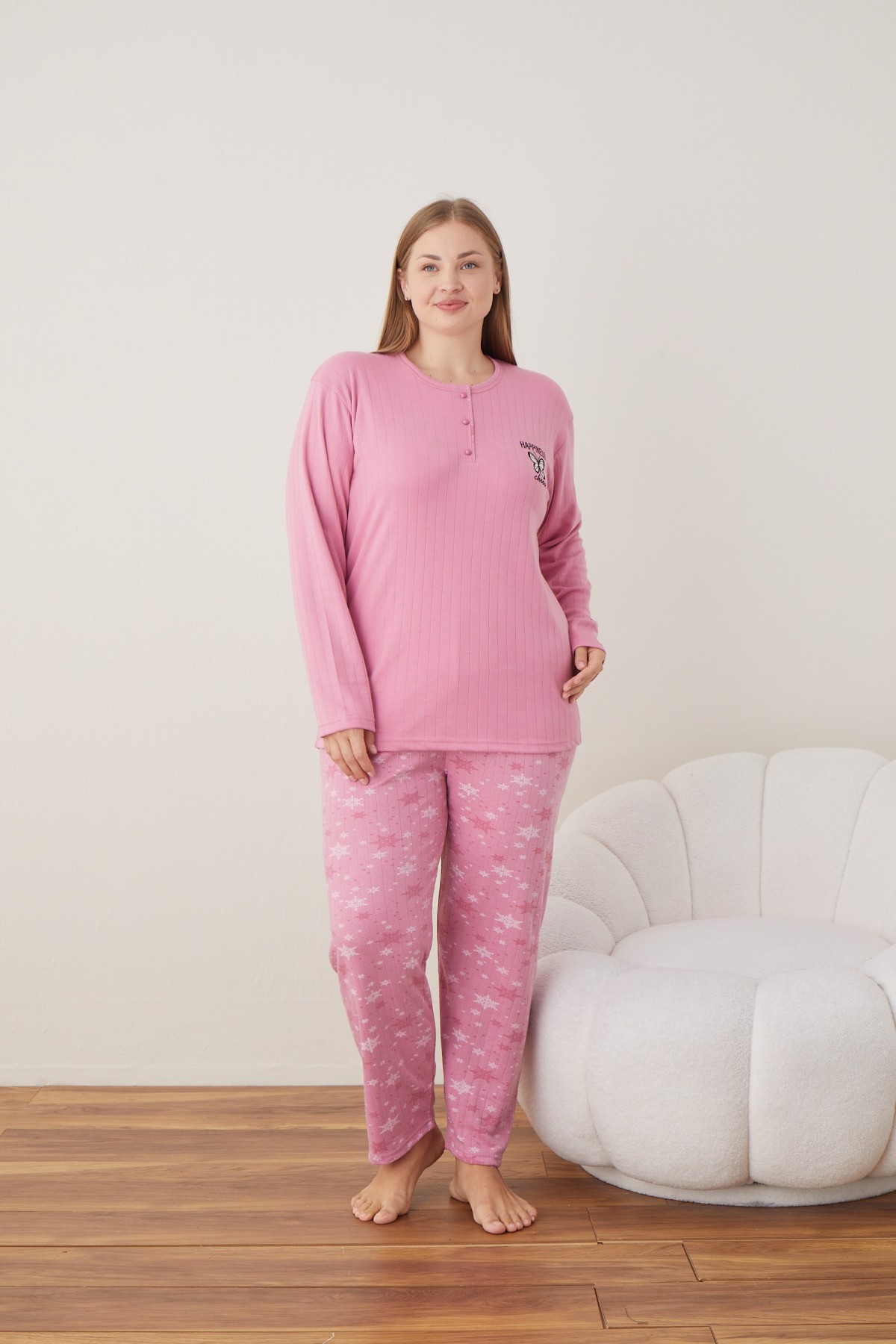 Kadın Raporlu İnterlok Kumaş Büyük Beden Düğmeli Pijama Takımı PEMBE-2XL