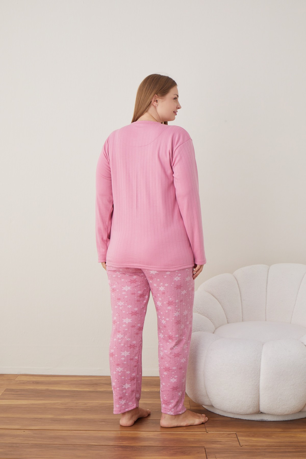 Kadın Raporlu İnterlok Kumaş Büyük Beden Düğmeli Pijama Takımı PEMBE-2XL