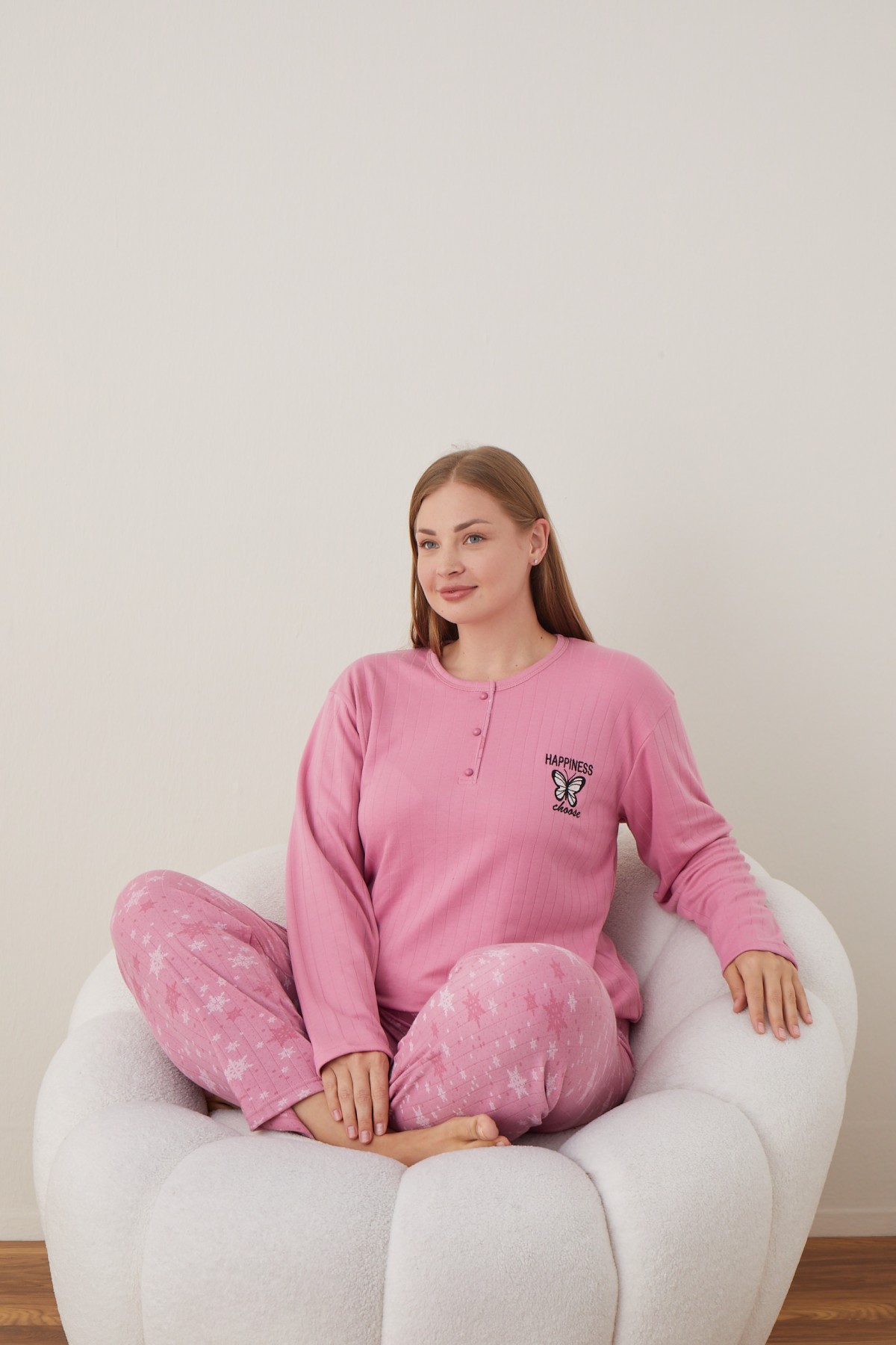 Kadın Raporlu İnterlok Kumaş Büyük Beden Düğmeli Pijama Takımı PEMBE-2XL