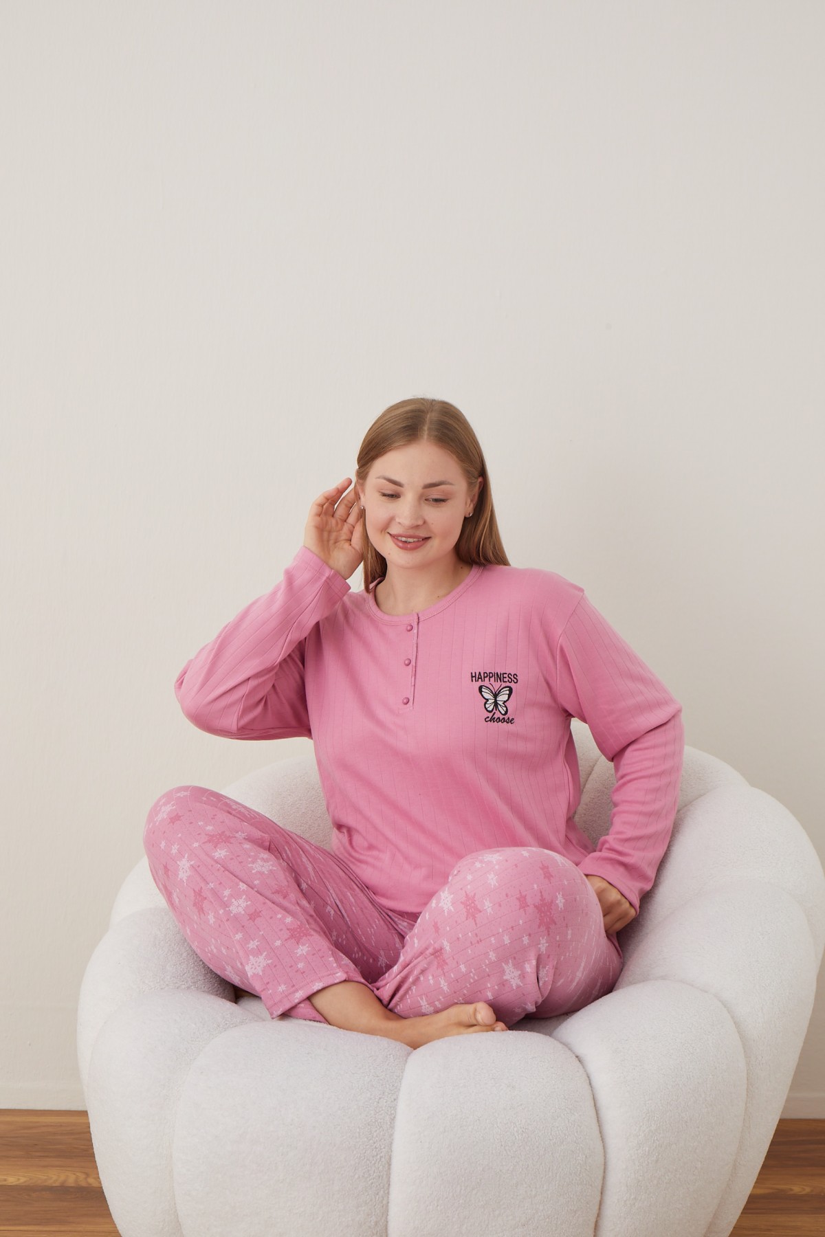 Kadın Raporlu İnterlok Kumaş Büyük Beden Düğmeli Pijama Takımı PEMBE-2XL