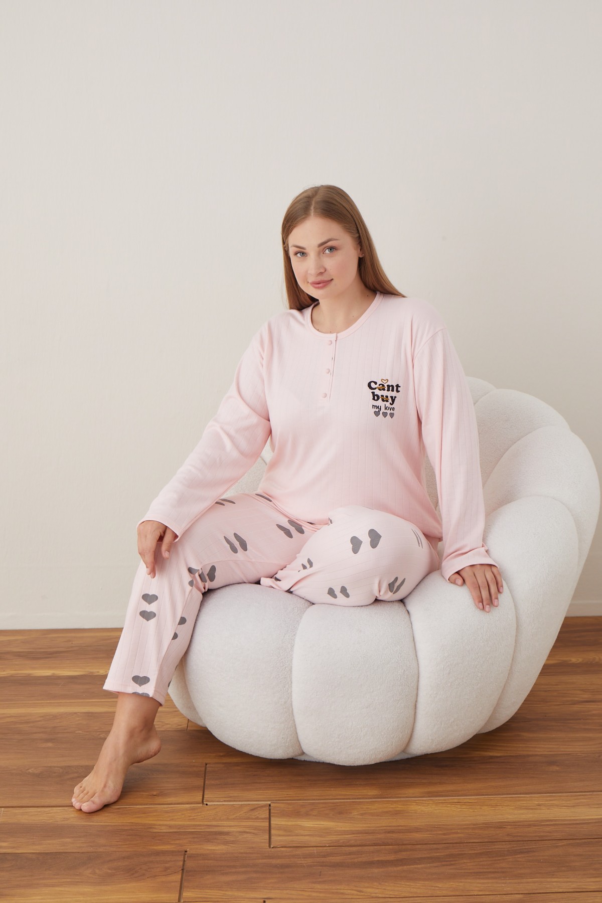 Kadın Raporlu İnterlok Kumaş Büyük Beden Düğmeli Pijama Takımı PEMBE-2XL