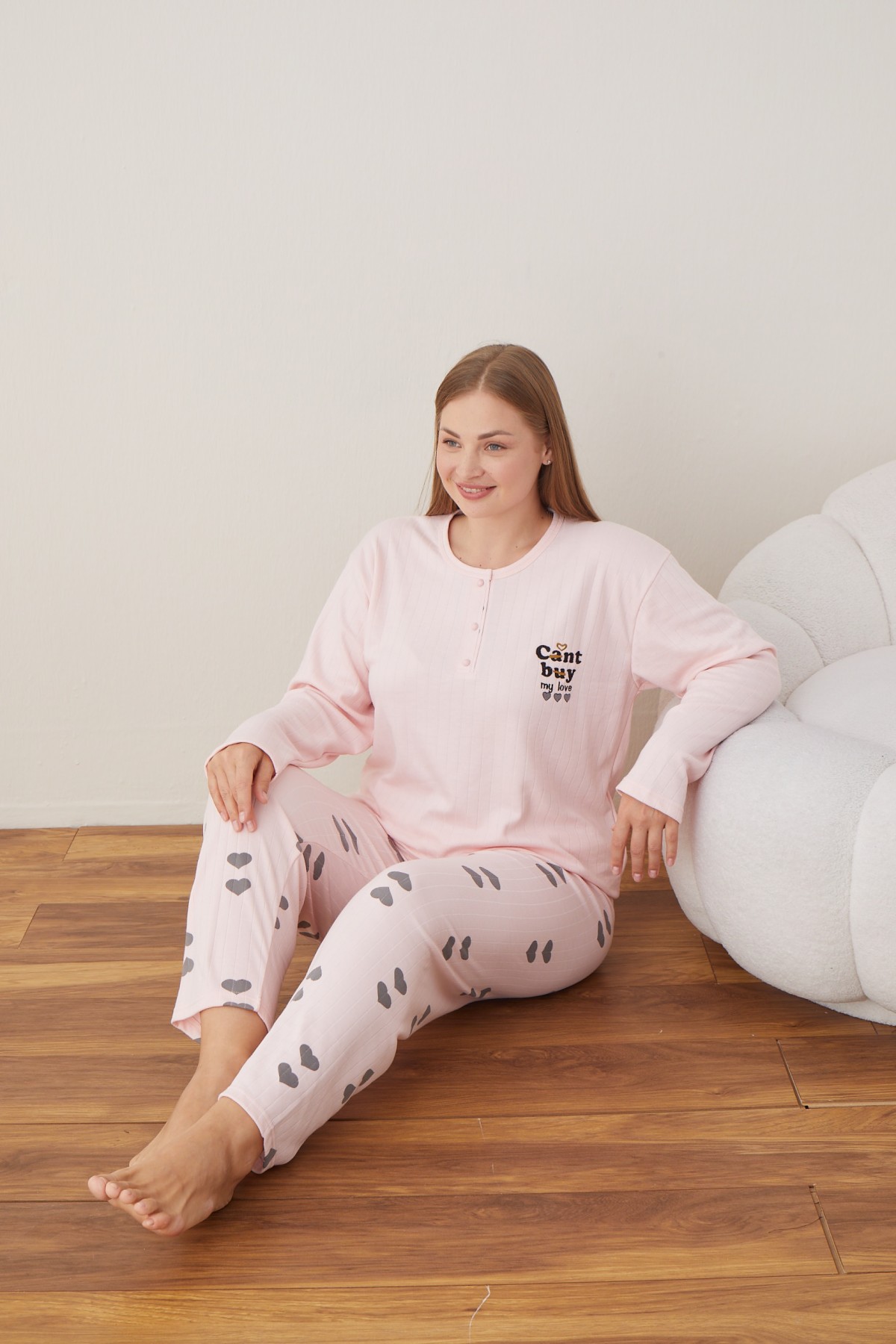 Kadın Raporlu İnterlok Kumaş Büyük Beden Düğmeli Pijama Takımı PEMBE-2XL