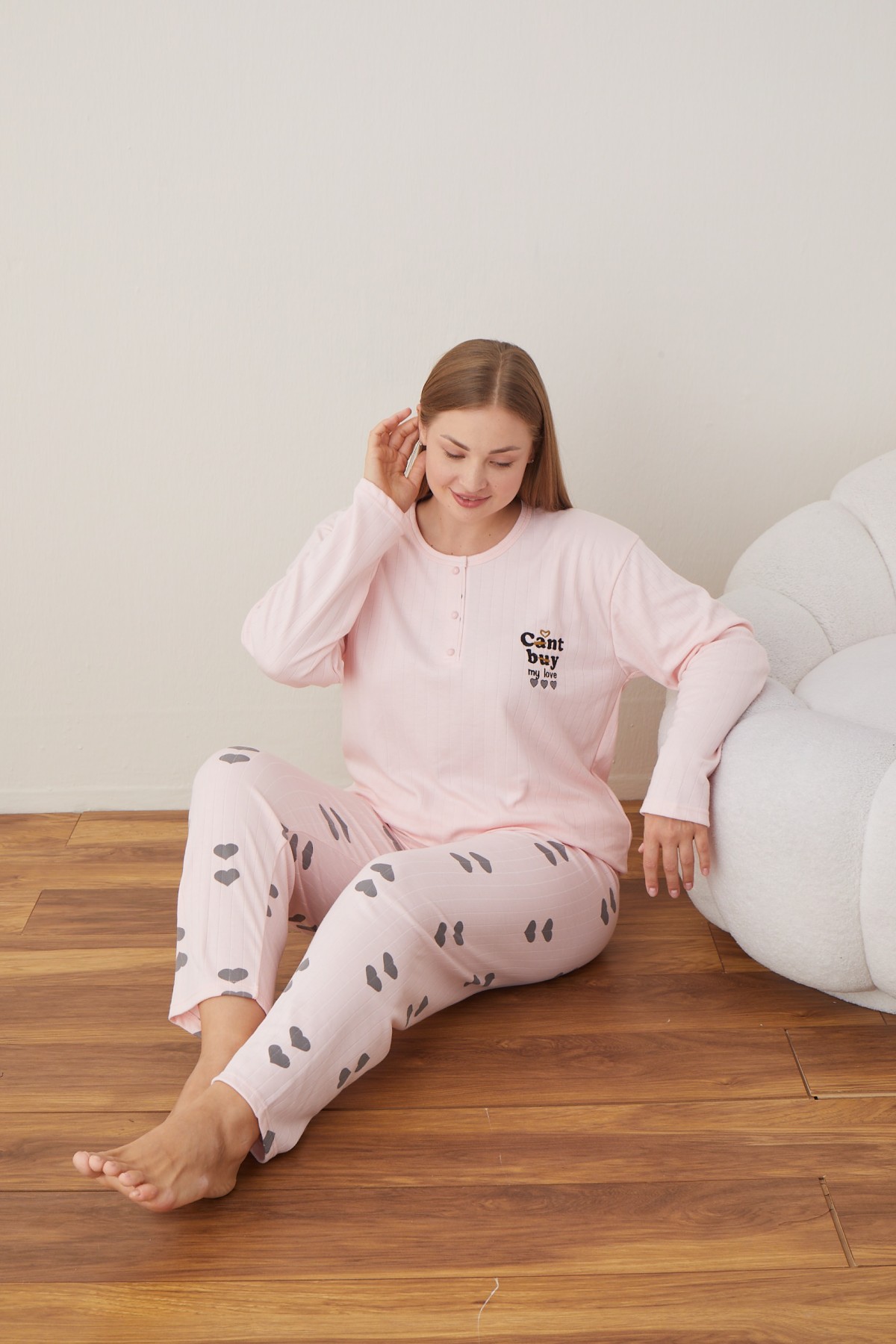 Kadın Raporlu İnterlok Kumaş Büyük Beden Düğmeli Pijama Takımı PEMBE-2XL