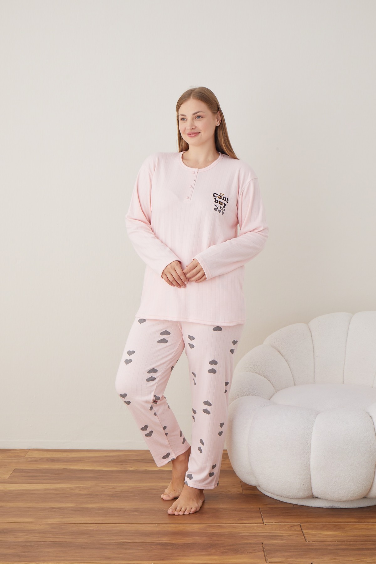 Kadın Raporlu İnterlok Kumaş Büyük Beden Düğmeli Pijama Takımı PEMBE-2XL