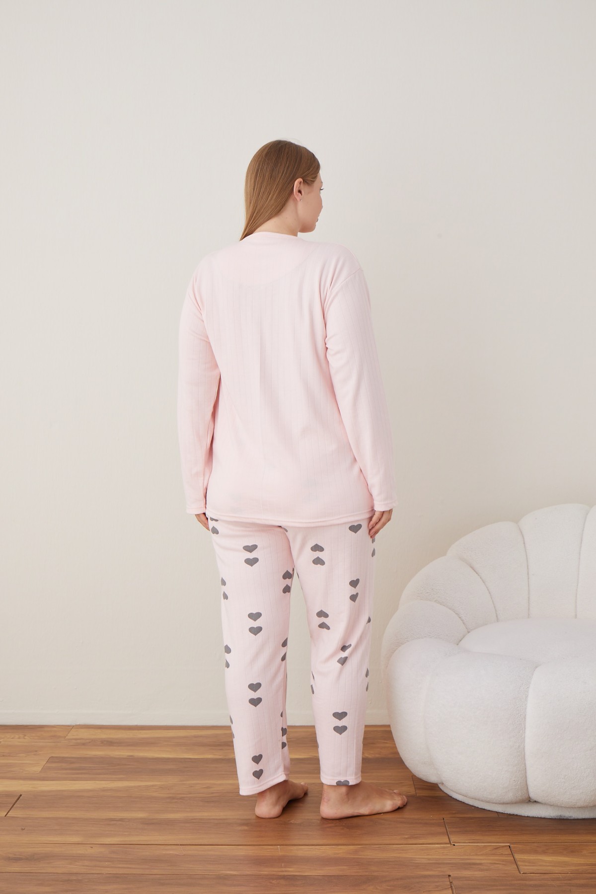 Kadın Raporlu İnterlok Kumaş Büyük Beden Düğmeli Pijama Takımı PEMBE-2XL